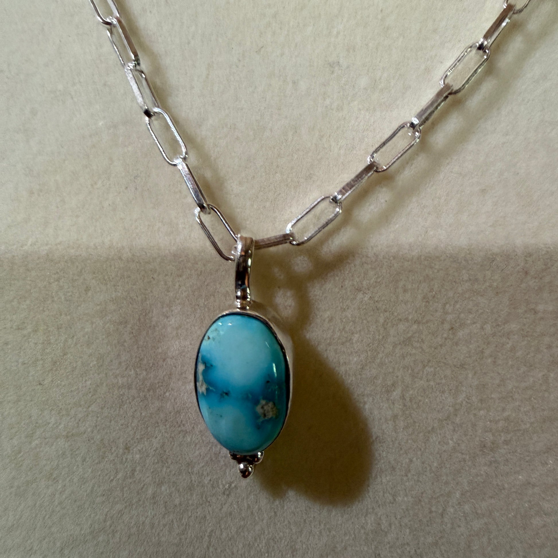 White Water Turquoise Gemstone Necklace 20 Inch Sterling Silver Paper Clip Chain Wild West Boho