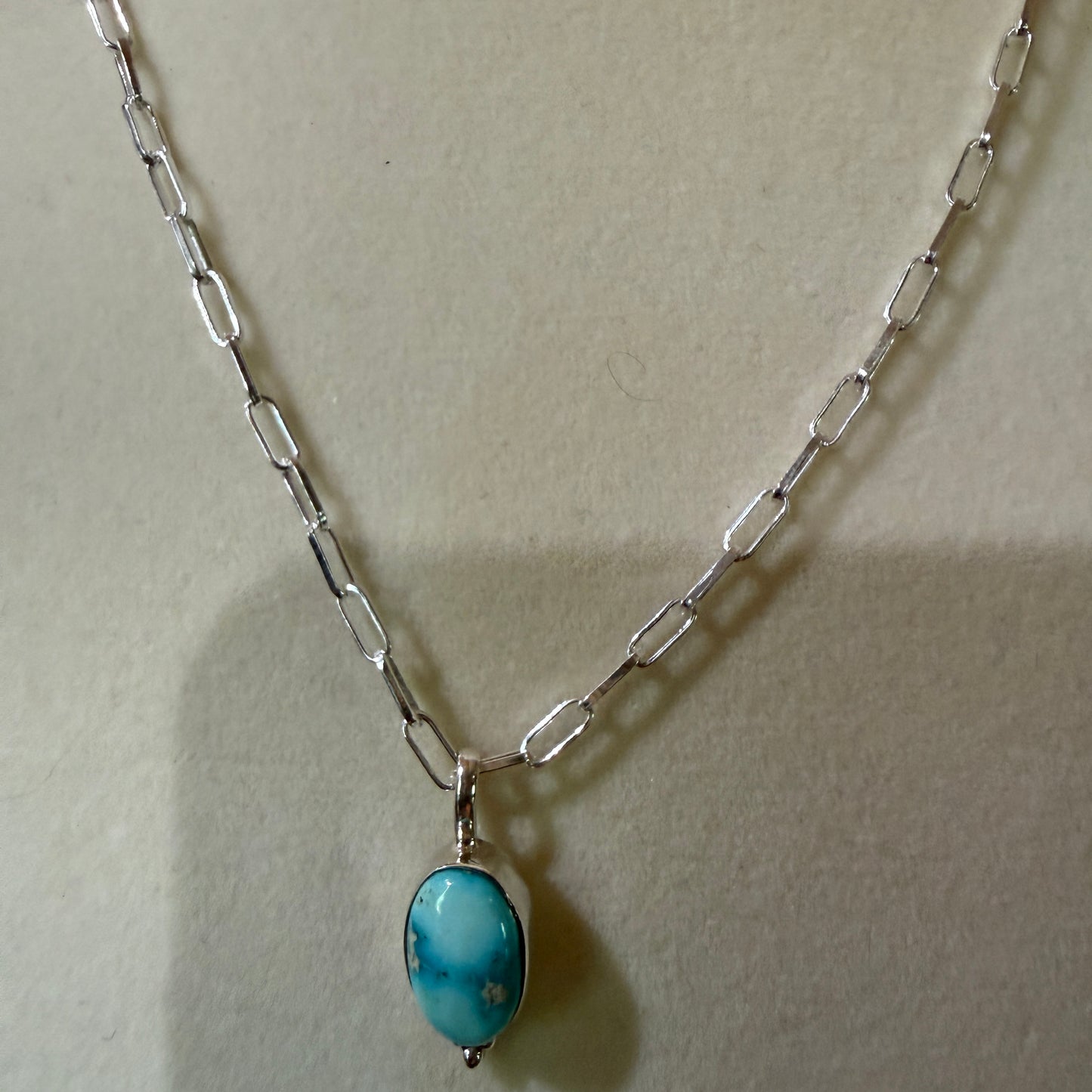 White Water Turquoise Gemstone Necklace 20 Inch Sterling Silver Paper Clip Chain Wild West Boho