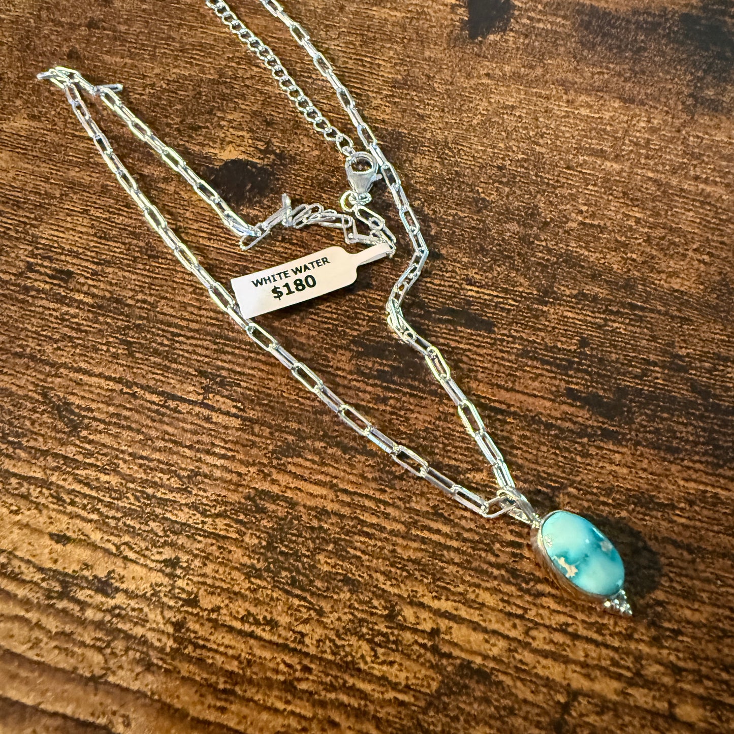 White Water Turquoise Gemstone Necklace 20 Inch Sterling Silver Paper Clip Chain Wild West Boho