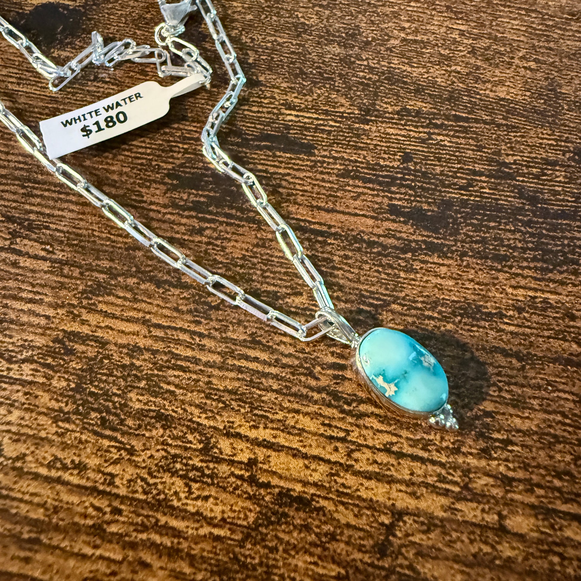White Water Turquoise Gemstone Necklace 20 Inch Sterling Silver Paper Clip Chain Wild West Boho