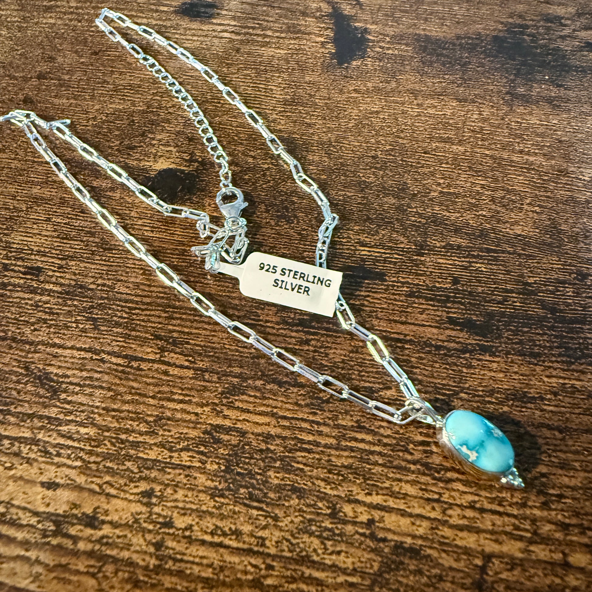 White Water Turquoise Gemstone Necklace 20 Inch Sterling Silver Paper Clip Chain Wild West Boho