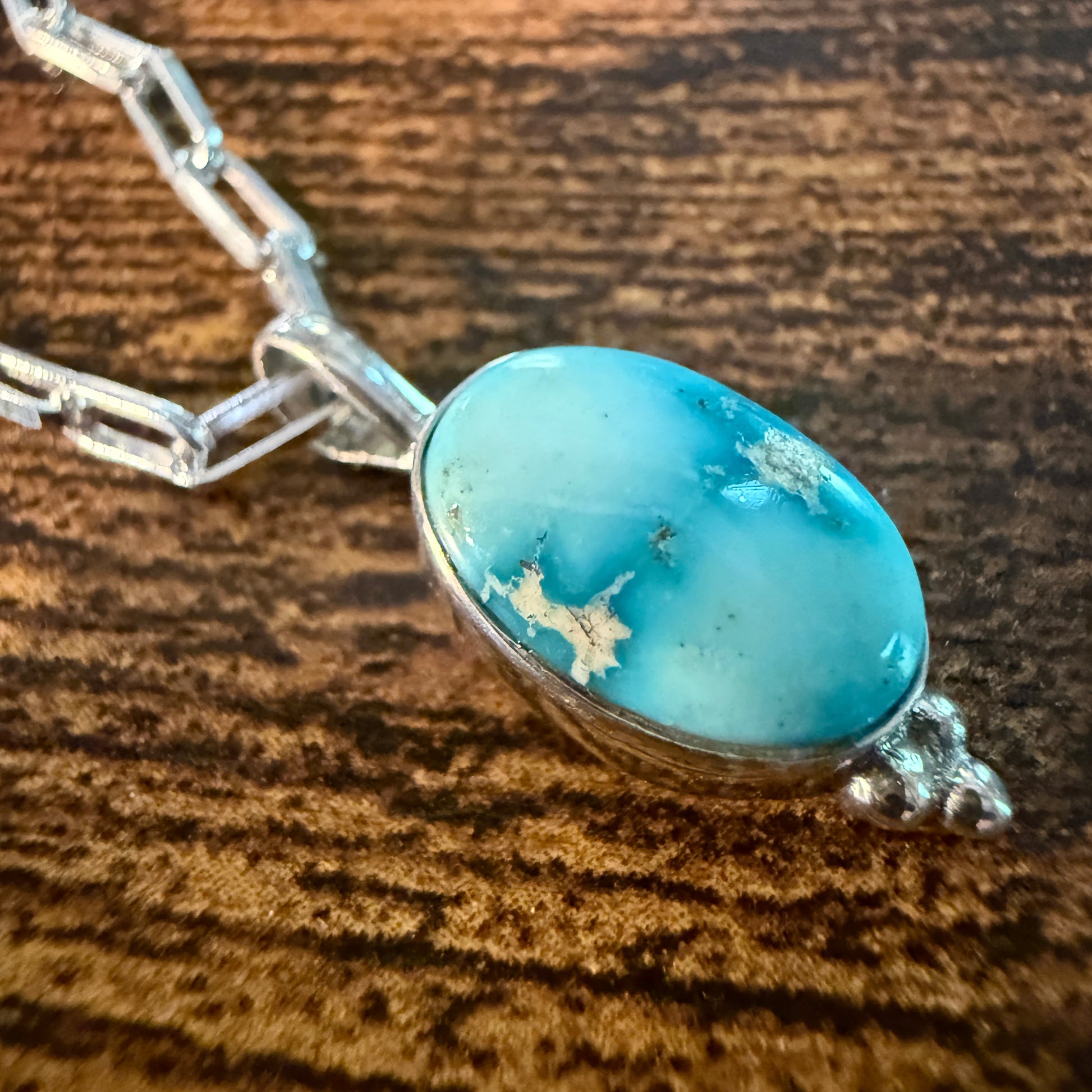 White Water Turquoise Gemstone Necklace 20 Inch Sterling Silver Paper Clip Chain Wild West Boho
