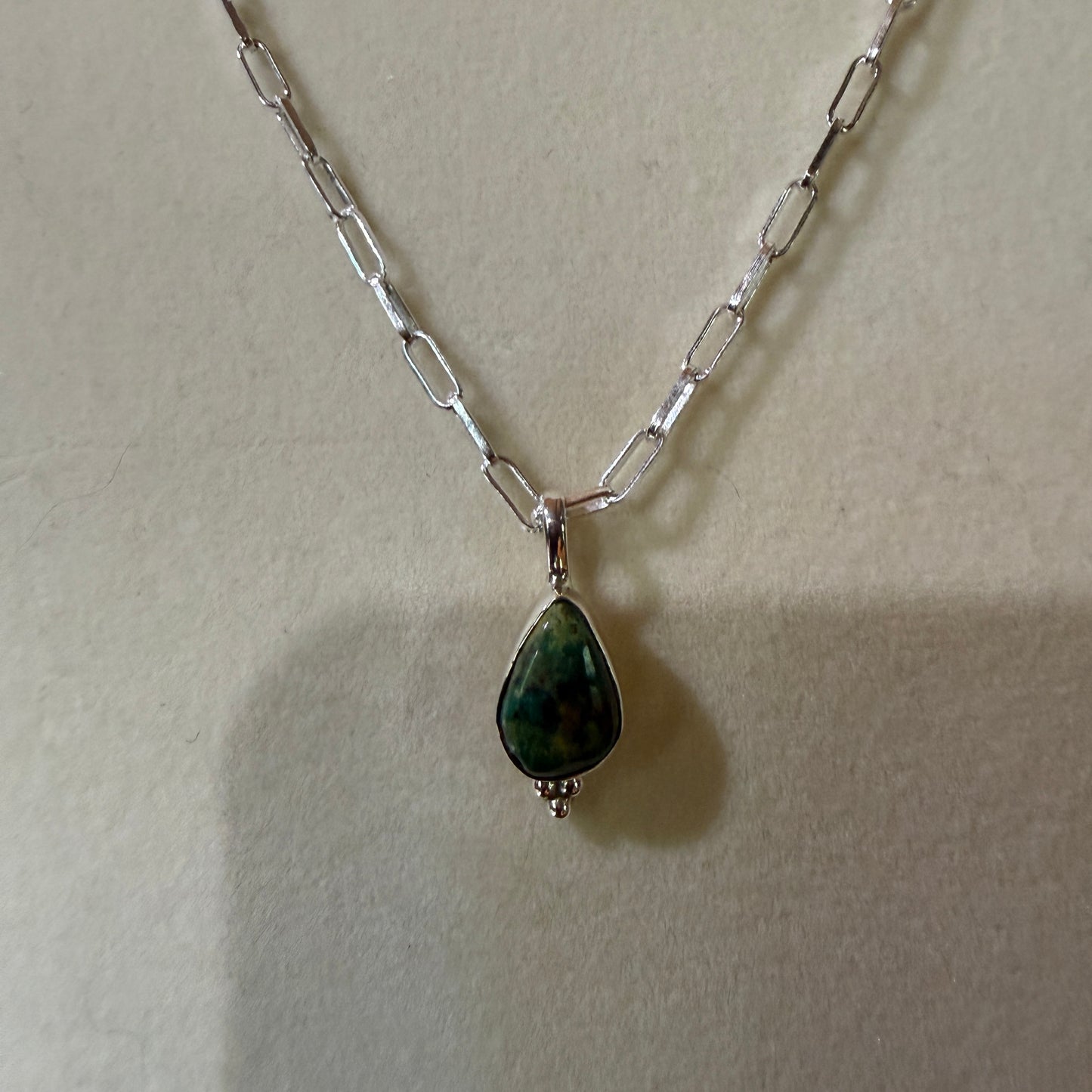 Pilot Mountain Turquoise Gemstone Necklace on 20 Inch Sterling Silver Paper Clip Chain Wild West Boho