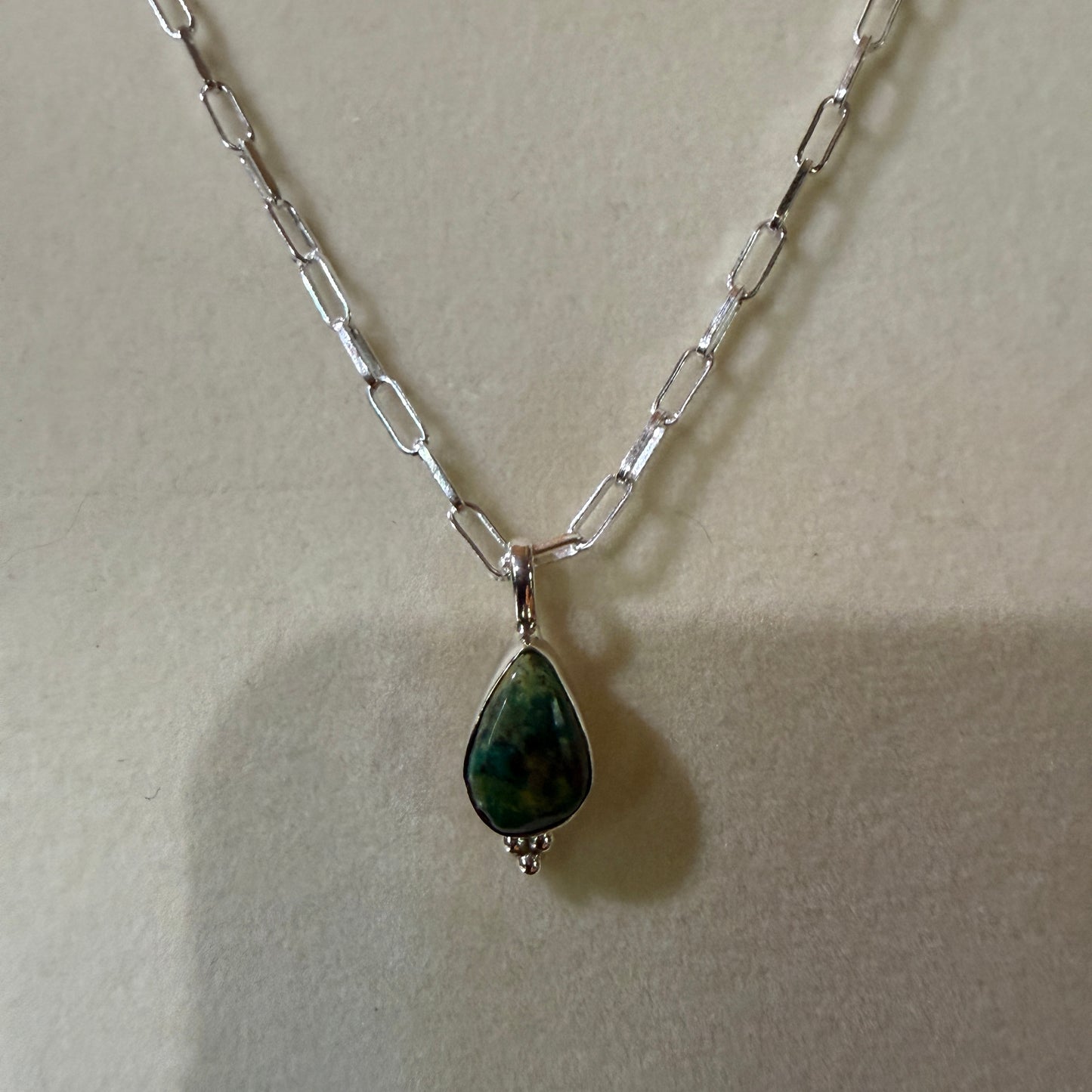 Pilot Mountain Turquoise Gemstone Necklace on 20 Inch Sterling Silver Paper Clip Chain Wild West Boho