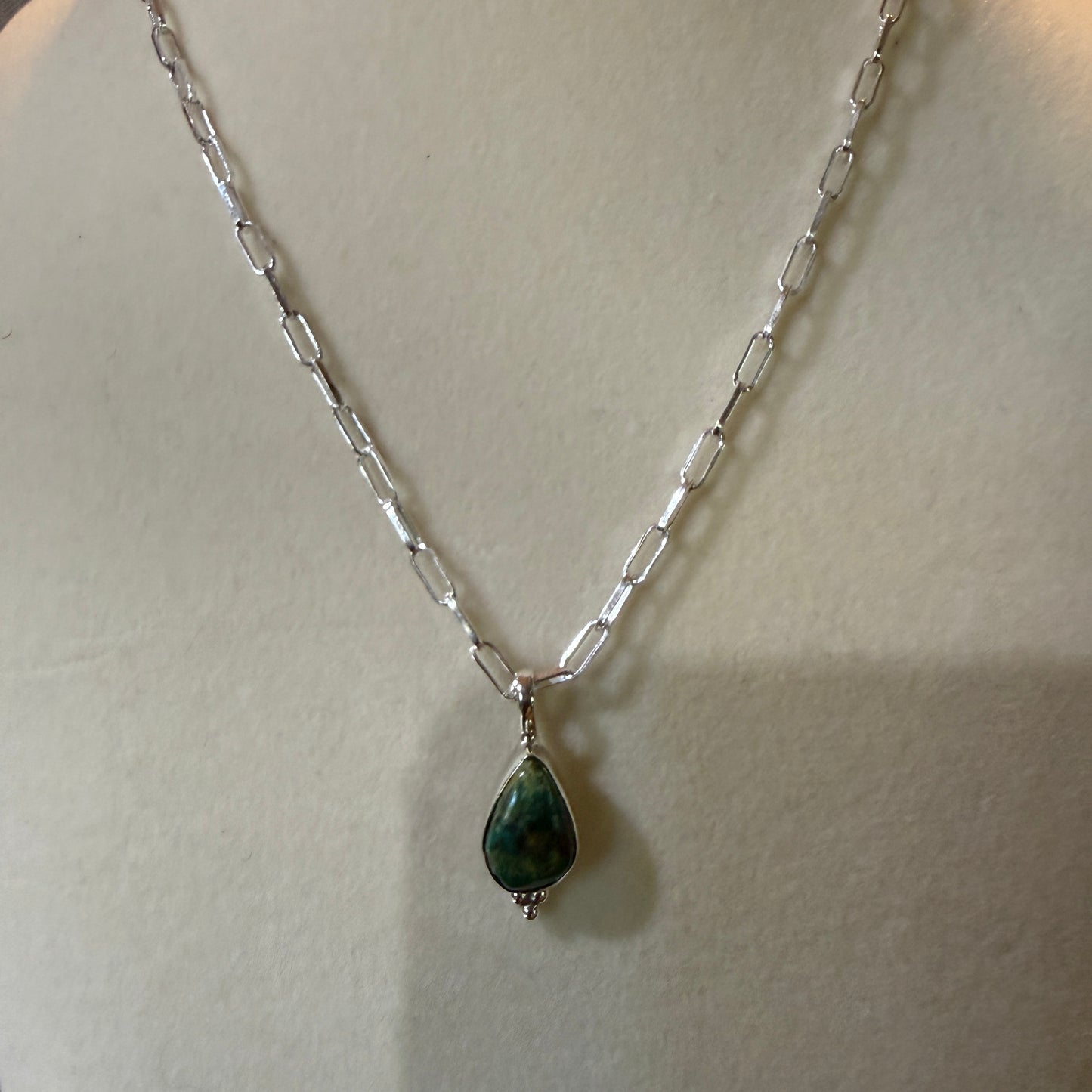 Pilot Mountain Turquoise Gemstone Necklace on 20 Inch Sterling Silver Paper Clip Chain Wild West Boho