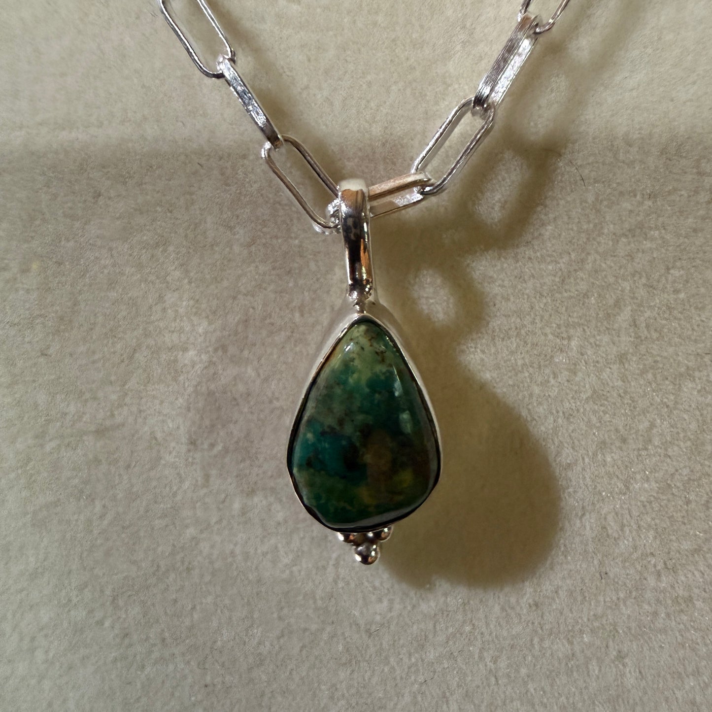 Pilot Mountain Turquoise Gemstone Necklace on 20 Inch Sterling Silver Paper Clip Chain Wild West Boho