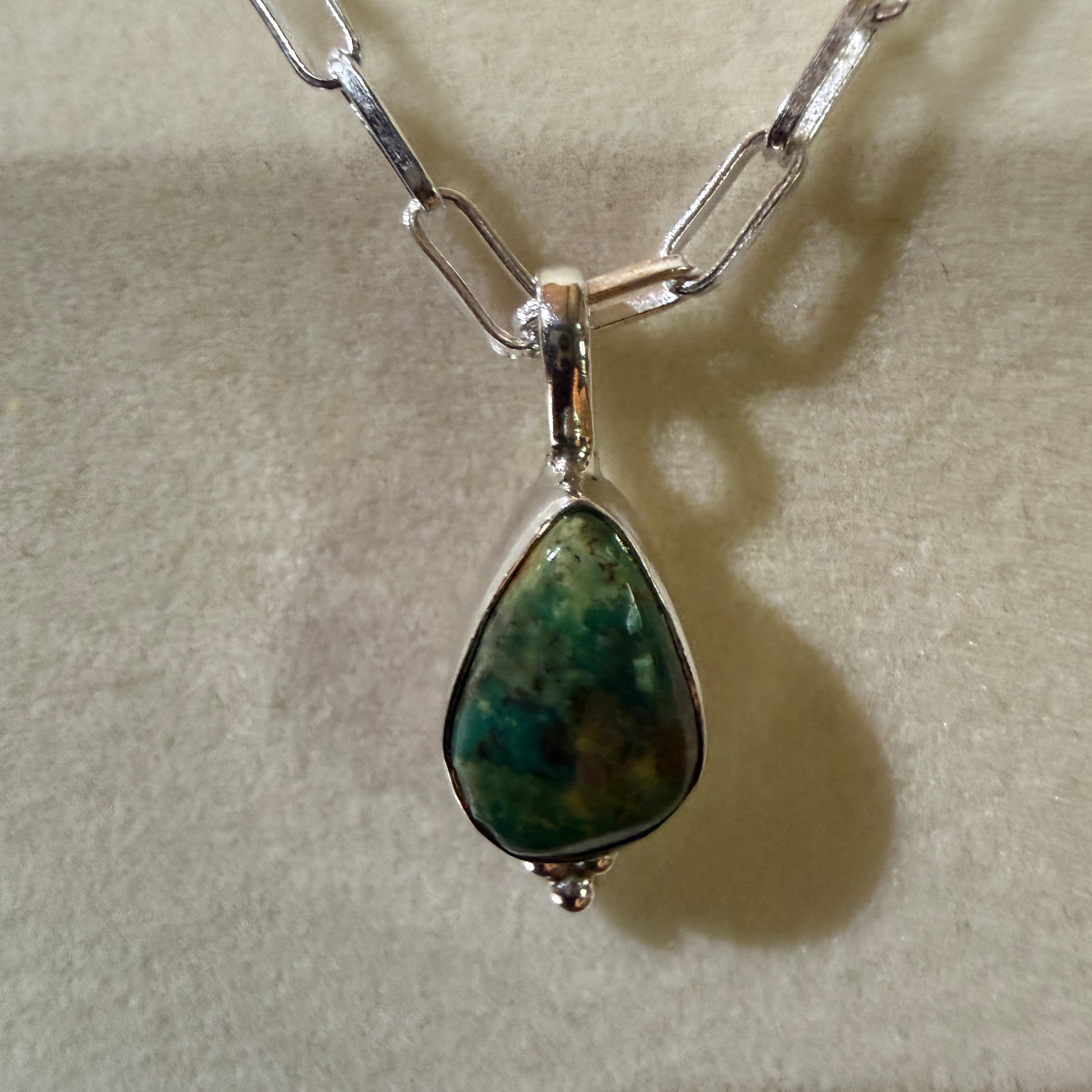 Pilot Mountain Turquoise Gemstone Necklace on 20 Inch Sterling Silver Paper Clip Chain Wild West Boho