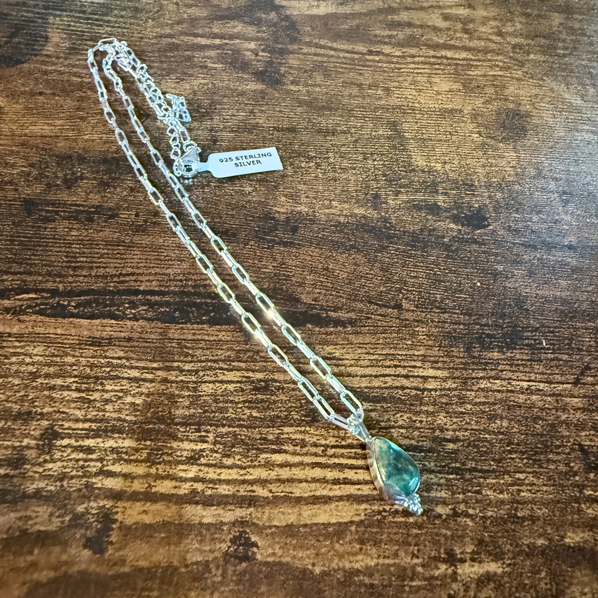 Pilot Mountain Turquoise Gemstone Necklace on 20 Inch Sterling Silver Paper Clip Chain Wild West Boho