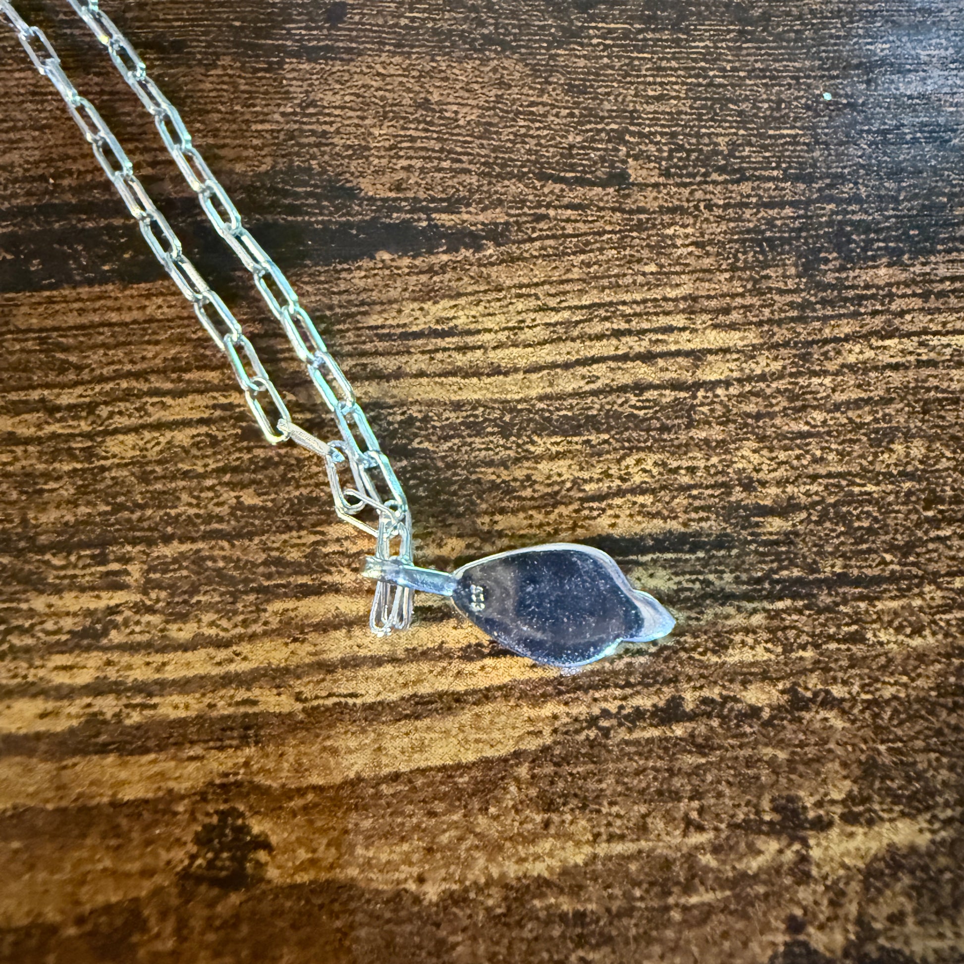 Pilot Mountain Turquoise Gemstone Necklace on 20 Inch Sterling Silver Paper Clip Chain Wild West Boho