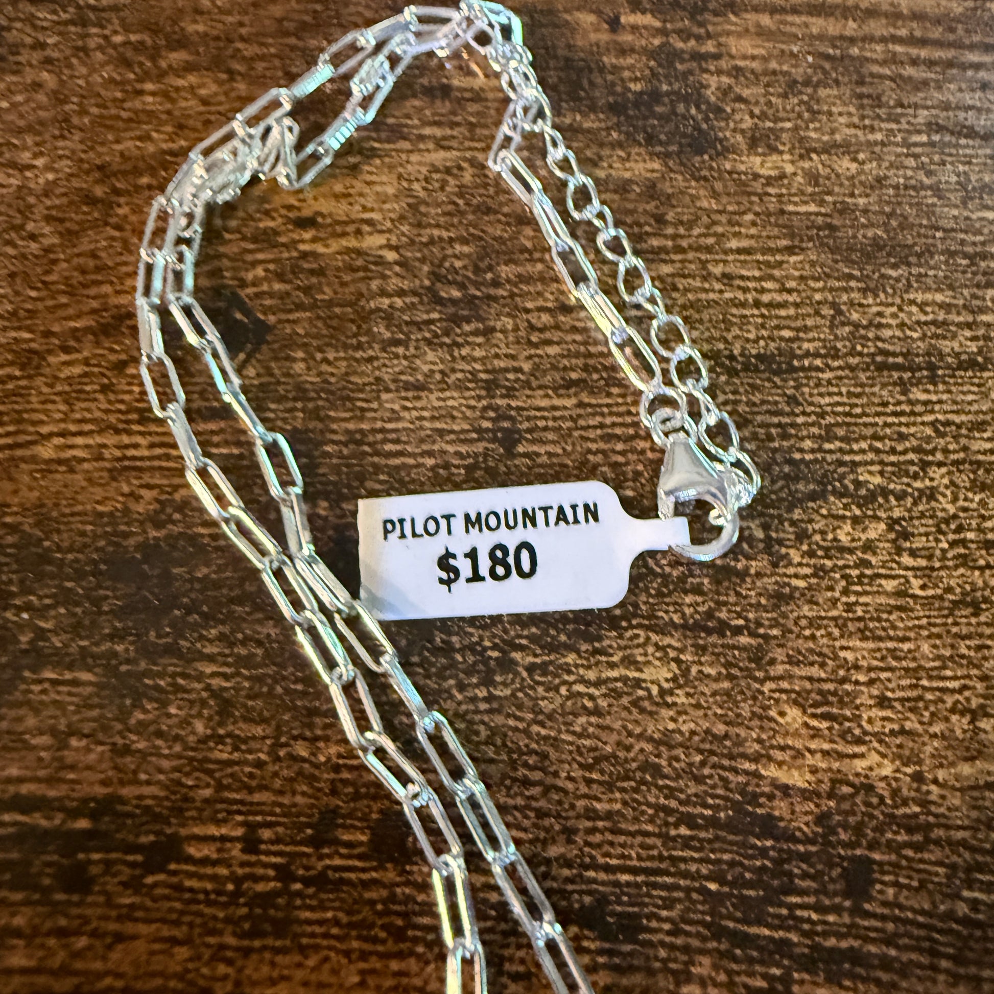 Pilot Mountain Turquoise Gemstone Necklace on 20 Inch Sterling Silver Paper Clip Chain Wild West Boho