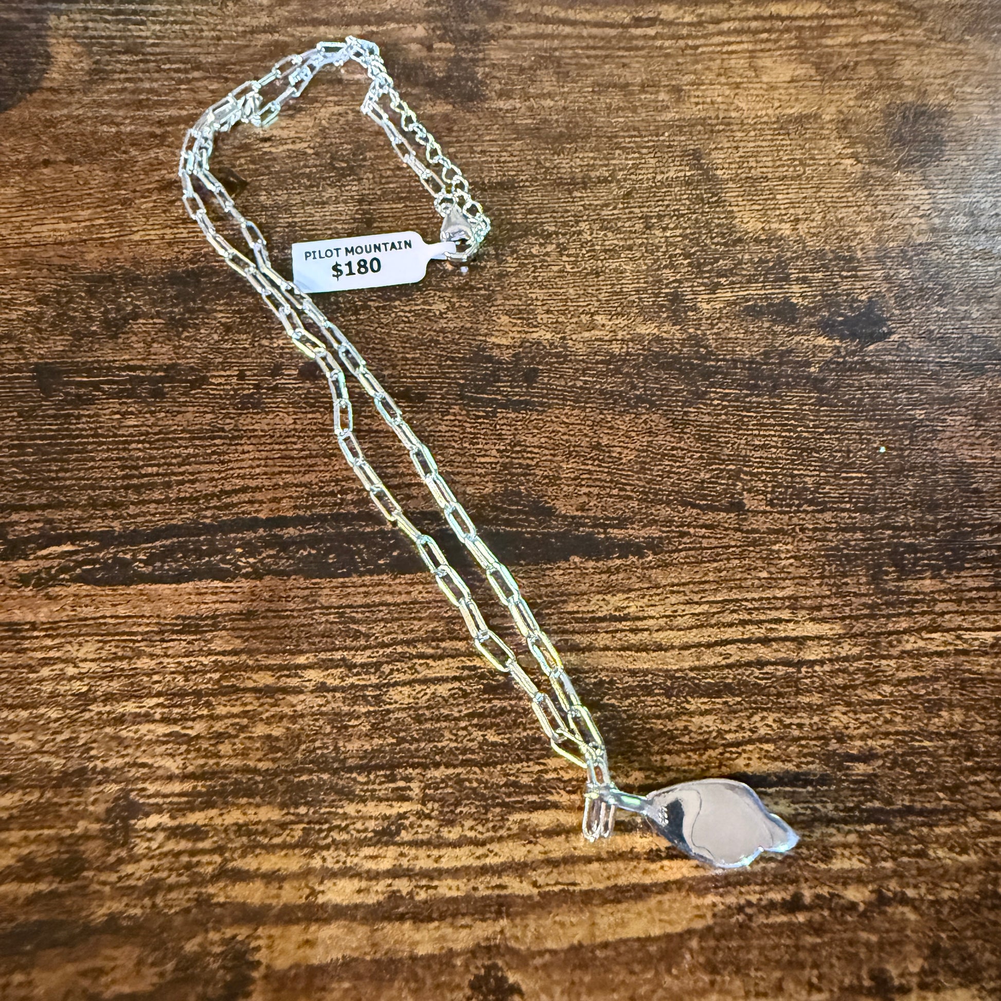 Pilot Mountain Turquoise Gemstone Necklace on 20 Inch Sterling Silver Paper Clip Chain Wild West Boho