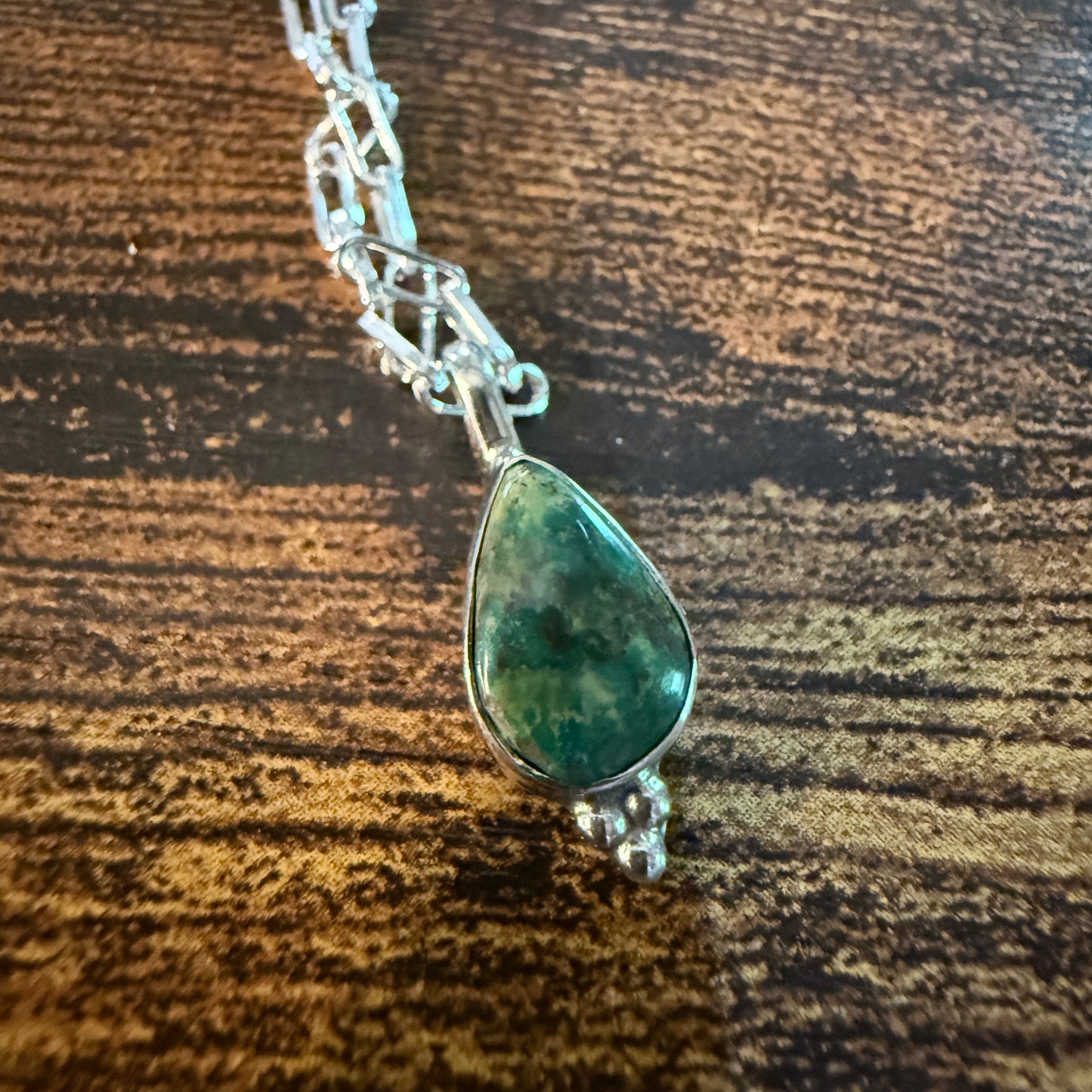 Pilot Mountain Turquoise Gemstone Necklace on 20 Inch Sterling Silver Paper Clip Chain Wild West Boho