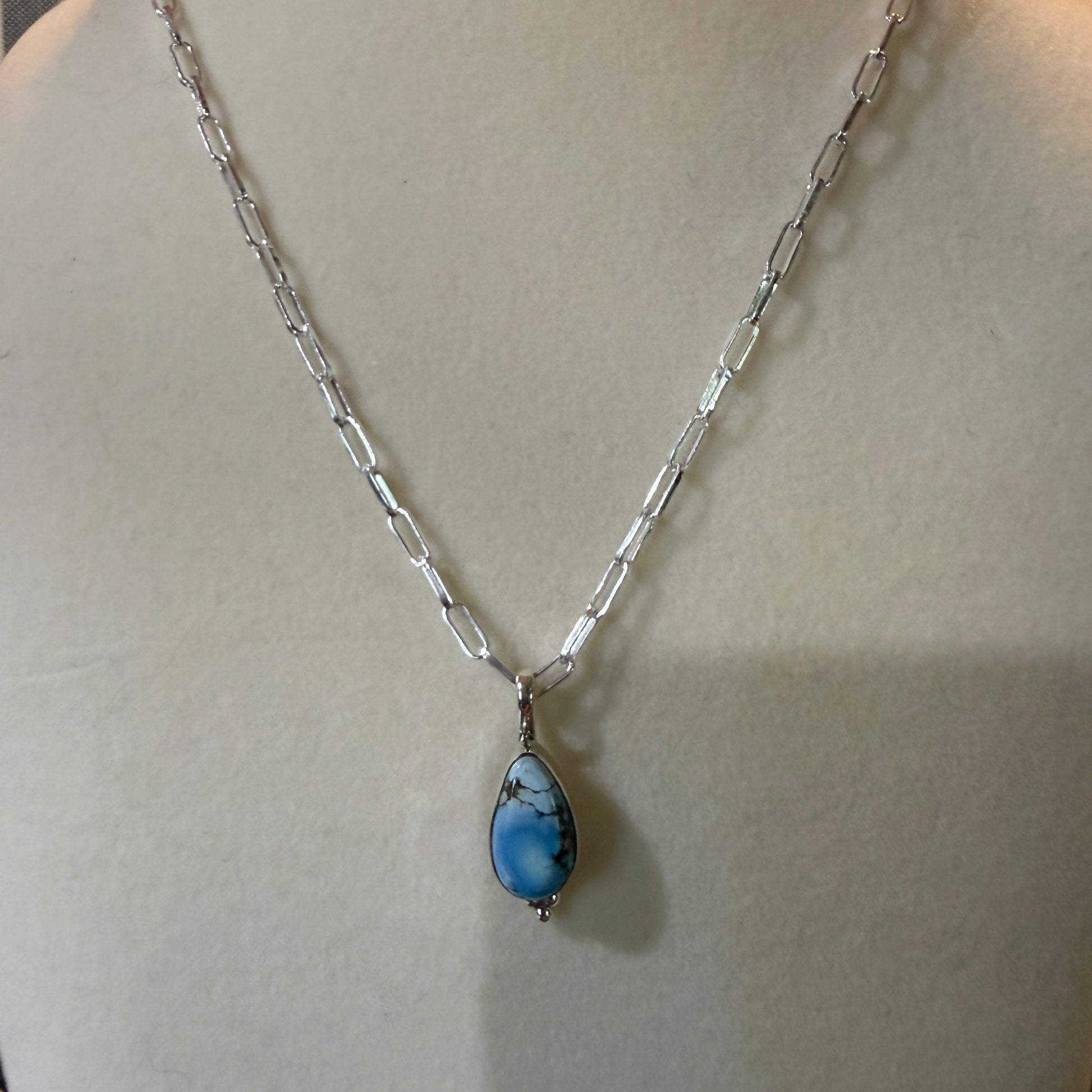 Golden Hills Turquoise Gemstone Necklace Sterling Silver Paperclip Chain 20in Wild West Boho