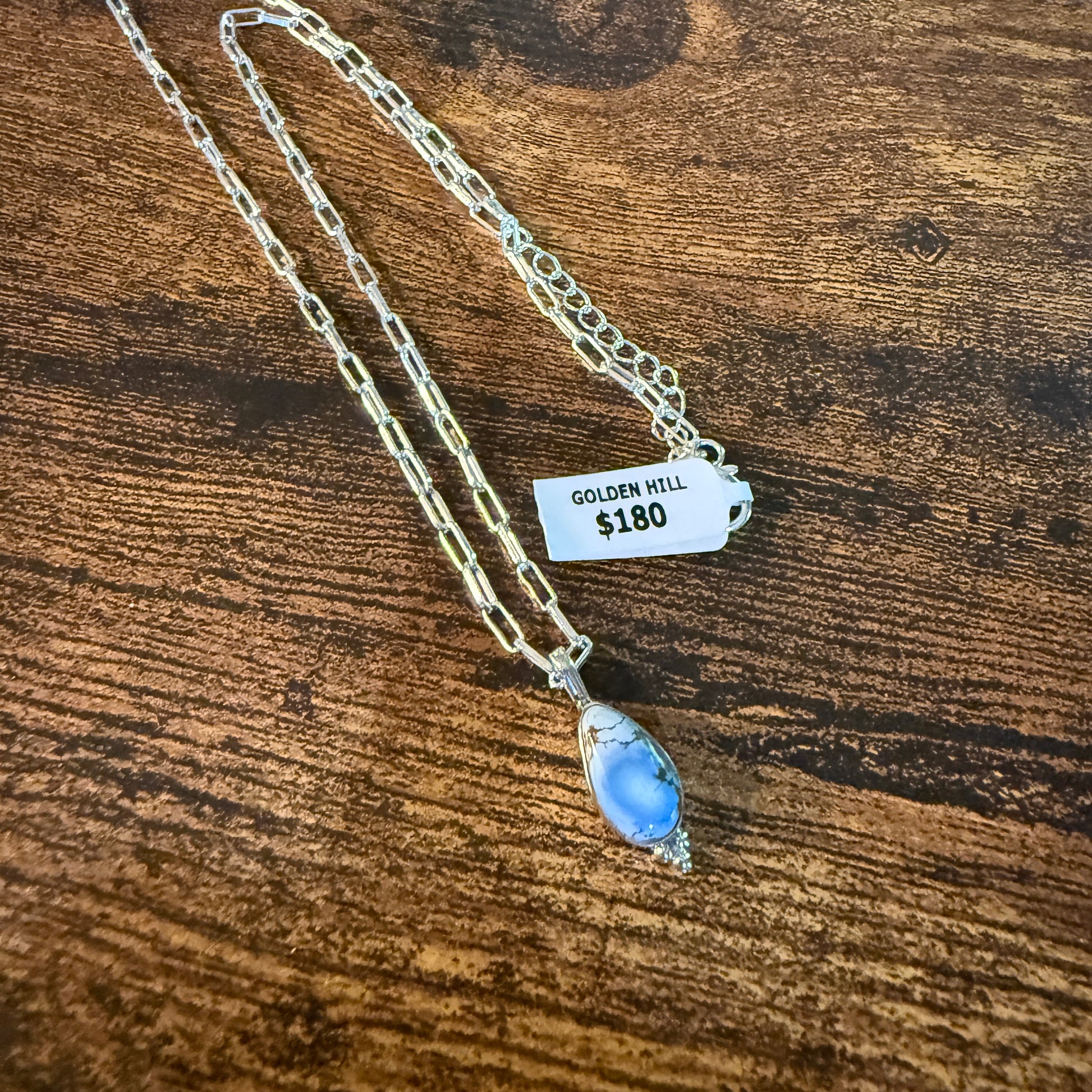 Golden Hills Turquoise Gemstone Necklace Sterling Silver Paperclip Chain 20in Wild West Boho