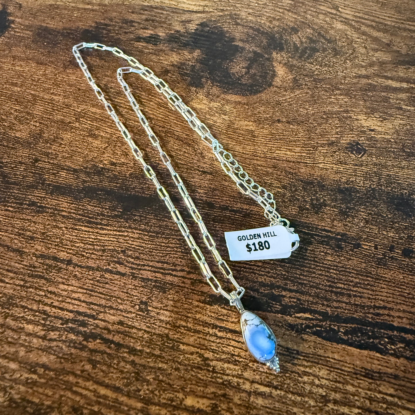 Golden Hills Turquoise Gemstone Necklace Sterling Silver Paperclip Chain 20in Wild West Boho