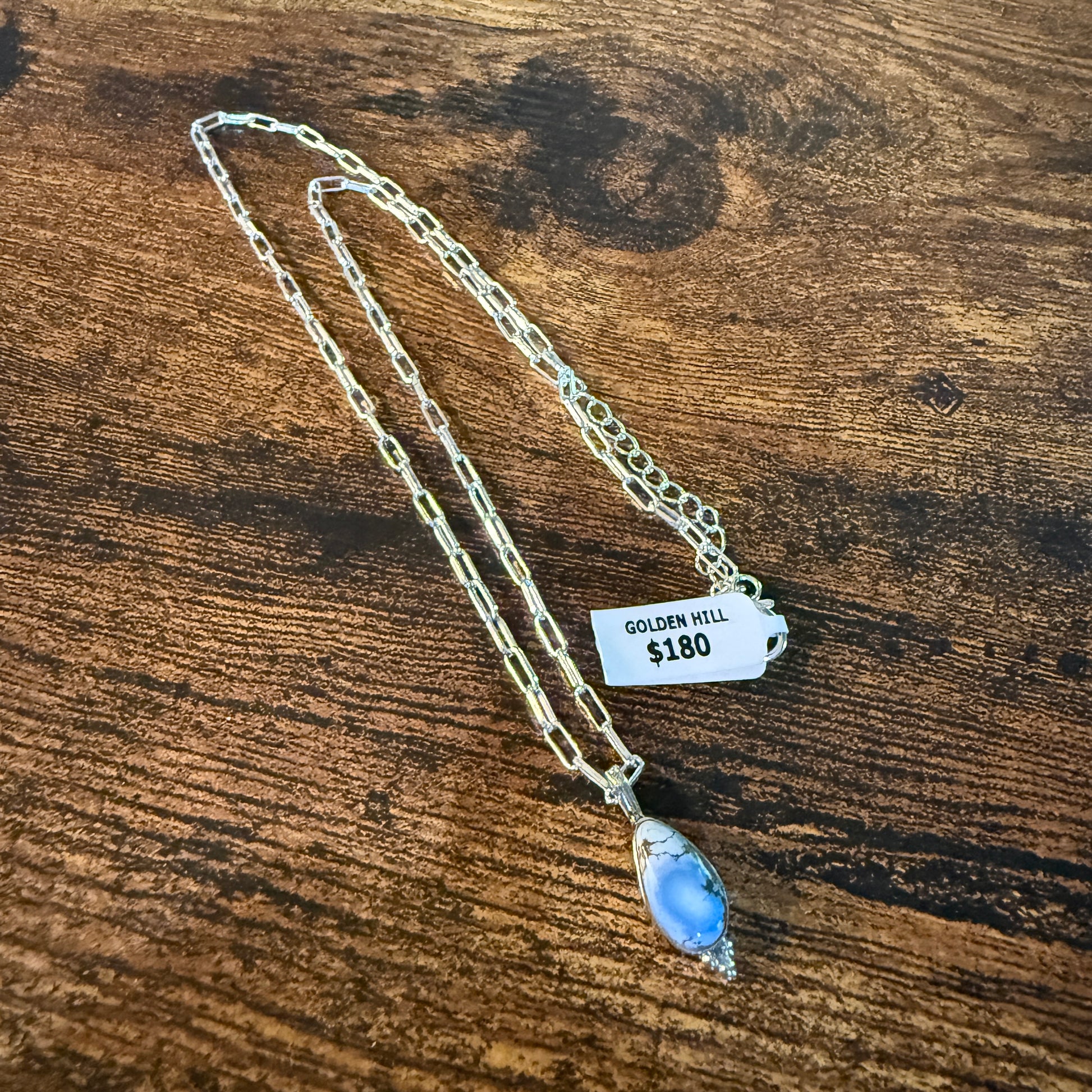 Golden Hills Turquoise Gemstone Necklace Sterling Silver Paperclip Chain 20in Wild West Boho