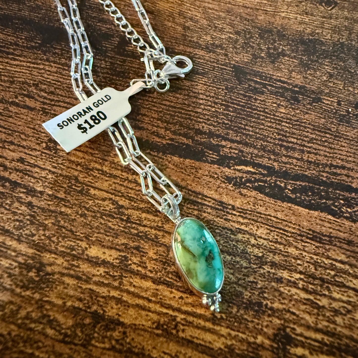 Sonoran Gold Turquoise Necklace With Sterling Silver 20 Inch Paperclip Chain Wild West Boho