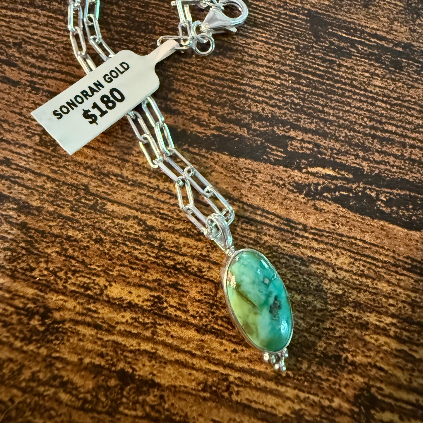 Sonoran Gold Turquoise Necklace With Sterling Silver 20 Inch Paperclip Chain Wild West Boho