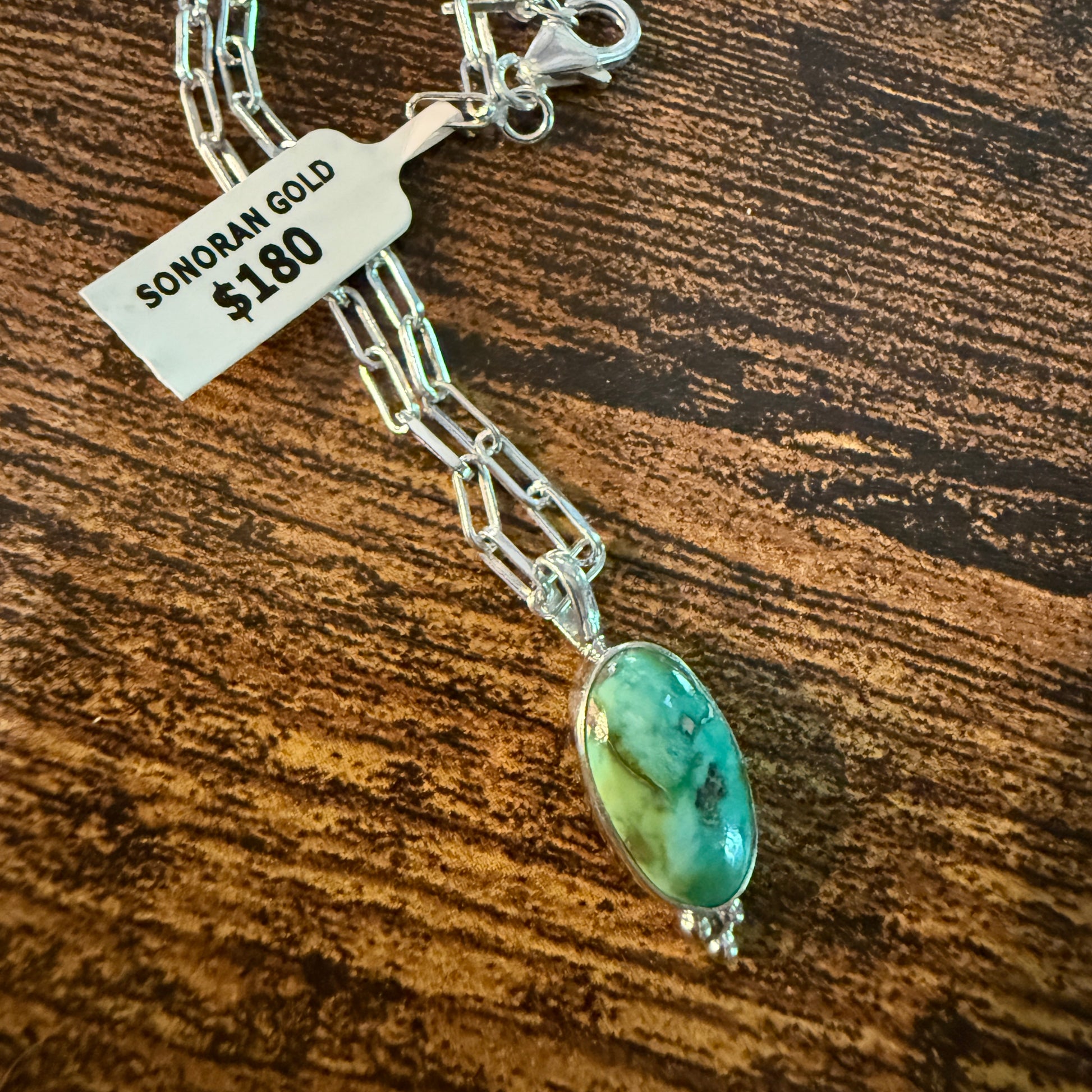 Sonoran Gold Turquoise Necklace With Sterling Silver 20 Inch Paperclip Chain Wild West Boho