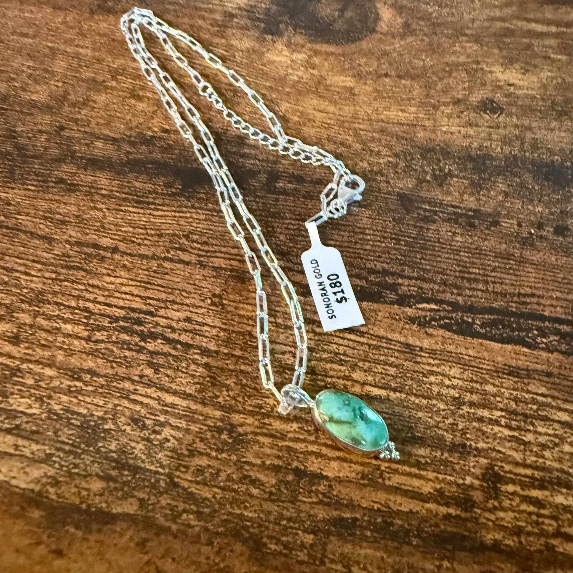 Sonoran Gold Turquoise Necklace With Sterling Silver 20 Inch Paperclip Chain Wild West Boho