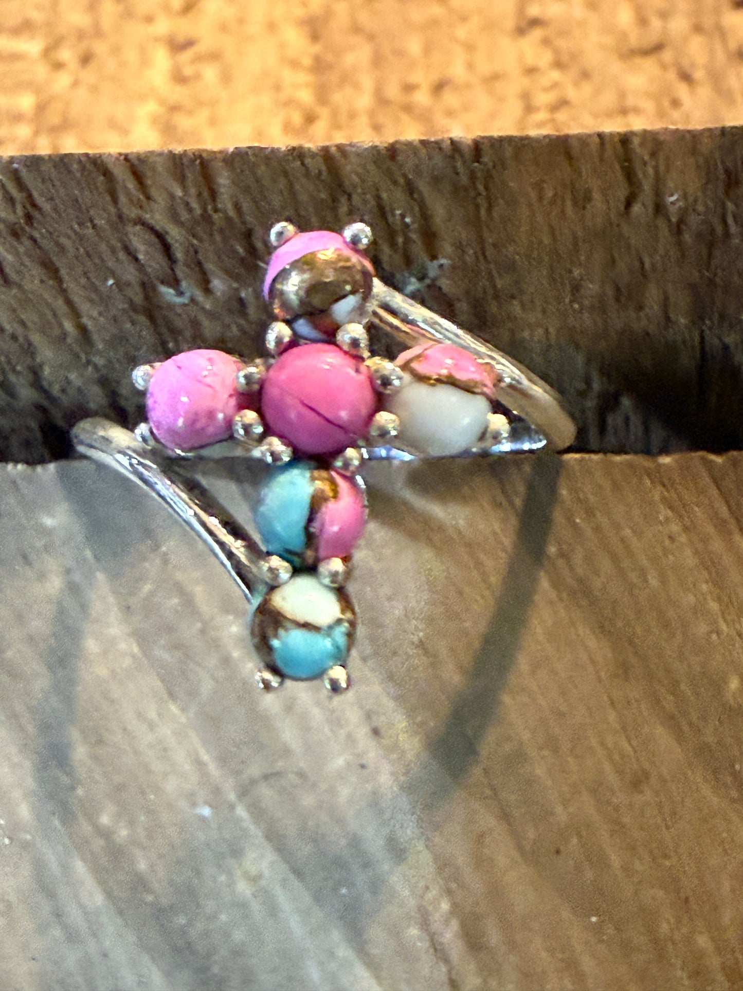 Cotton Candy Dahlia Gemstone Cross Ring Sterling Silver Size Seven Point Five Wild West Boho