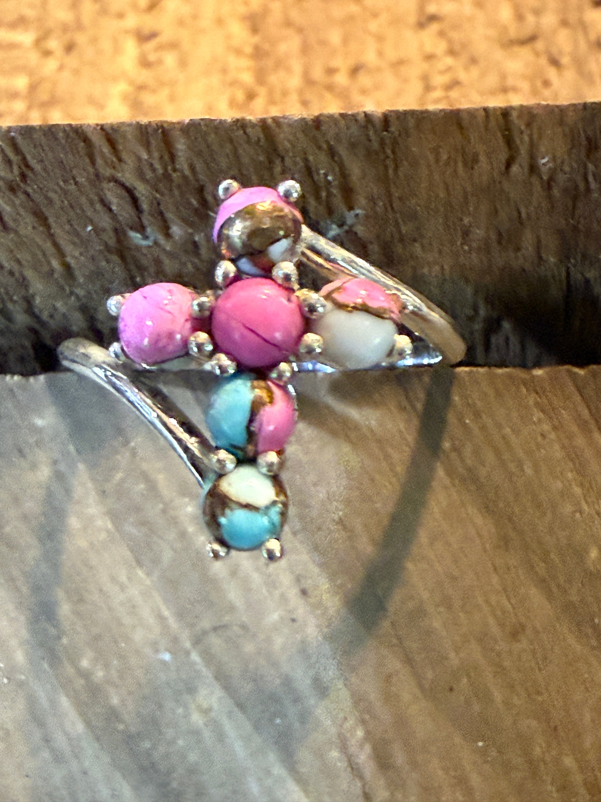 Cotton Candy Dahlia Gemstone Cross Ring Sterling Silver Size Seven Point Five Wild West Boho