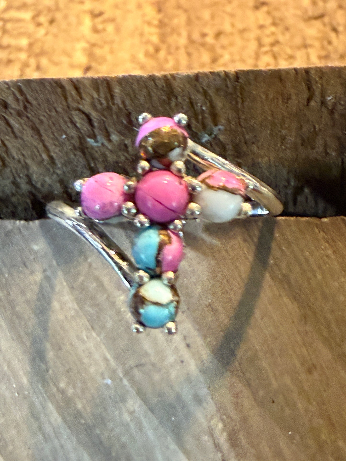 Cotton Candy Dahlia Gemstone Cross Ring Sterling Silver Size Seven Point Five Wild West Boho