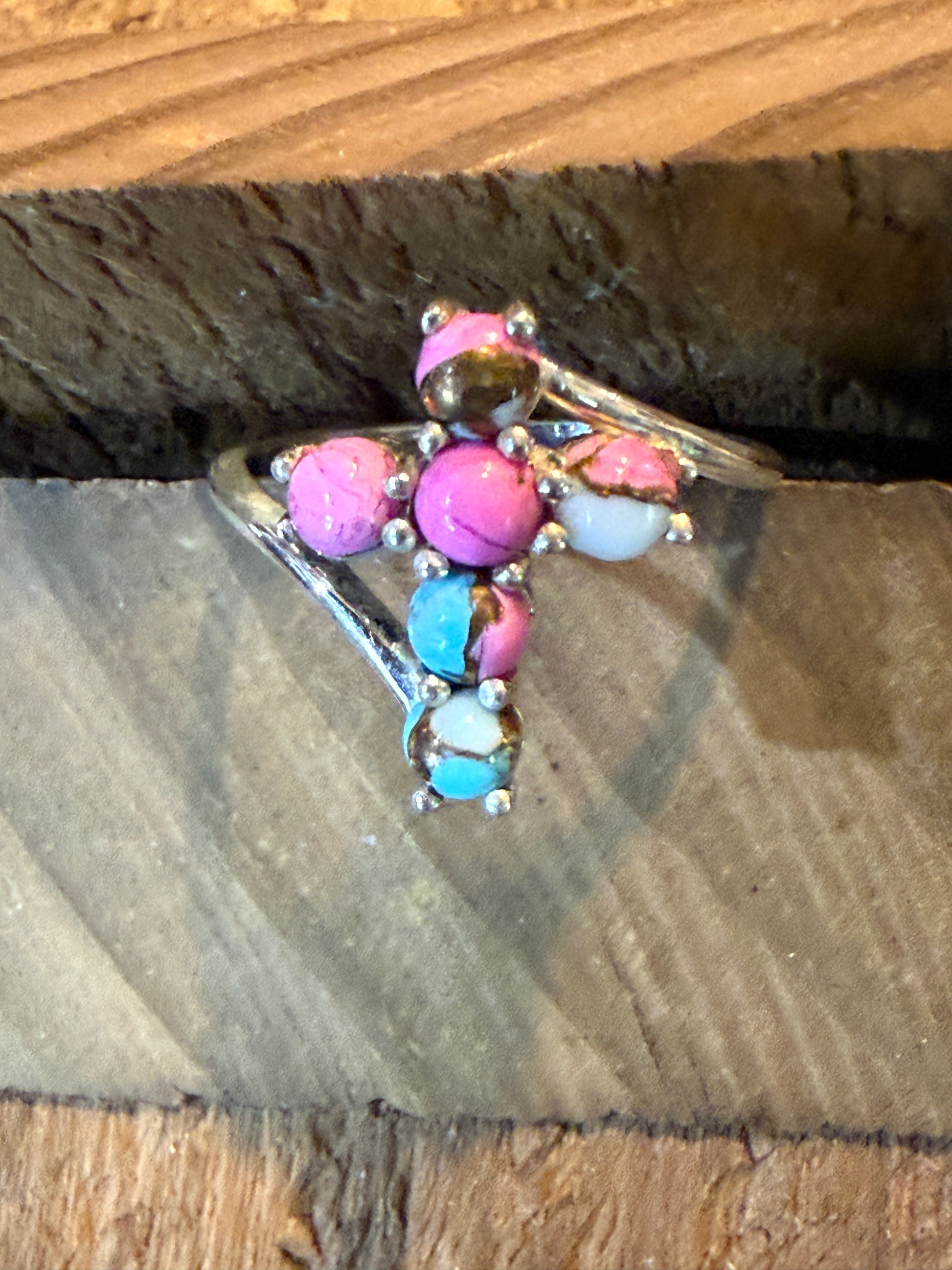 Cotton Candy Dahlia Gemstone Cross Ring Sterling Silver Size Seven Point Five Wild West Boho