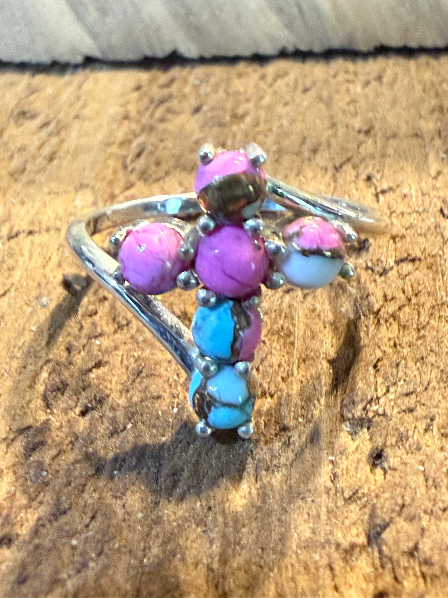 Cotton Candy Dahlia Gemstone Cross Ring Sterling Silver Size Seven Point Five Wild West Boho