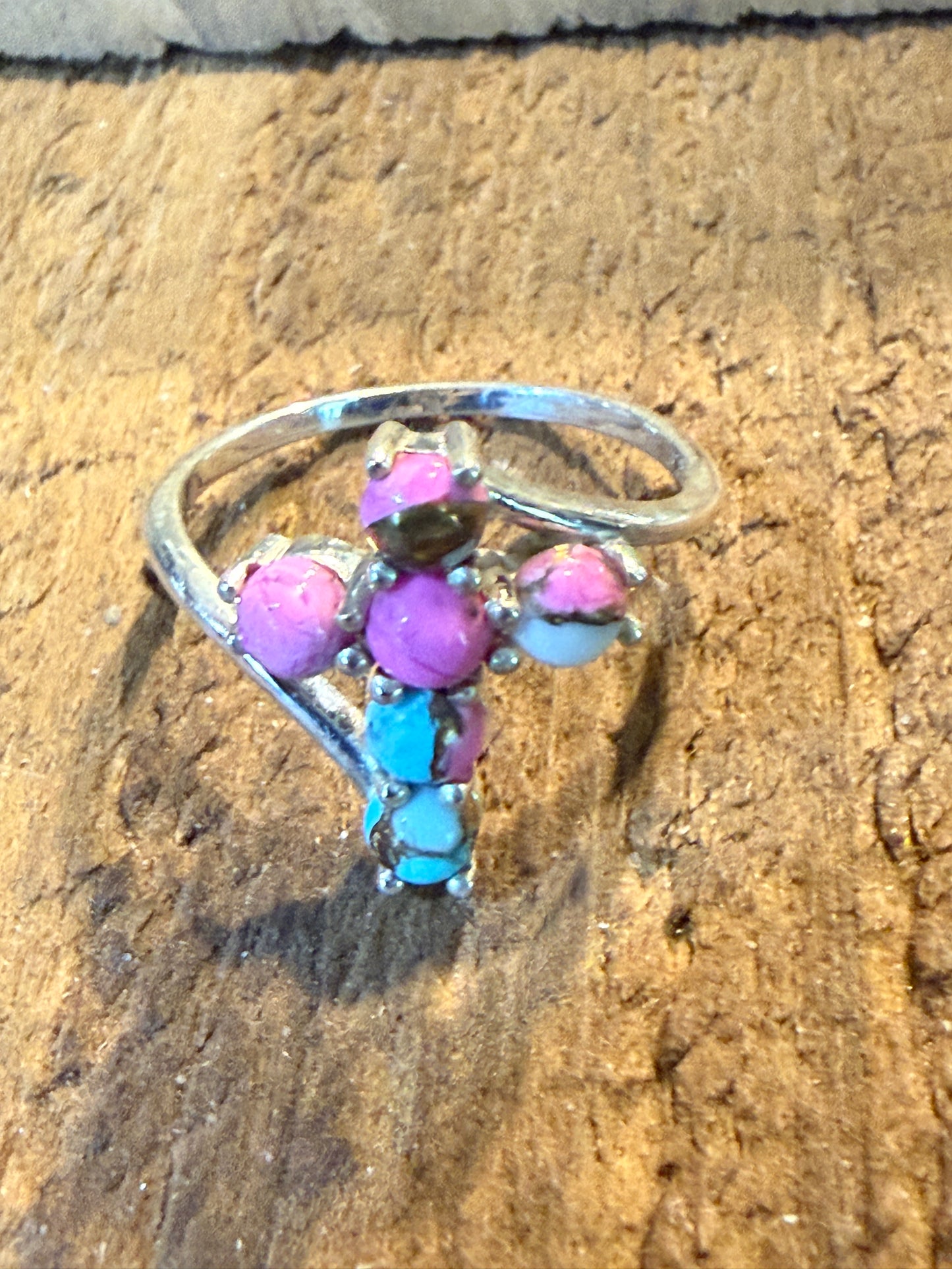Cotton Candy Dahlia Gemstone Cross Ring Sterling Silver Size Seven Point Five Wild West Boho