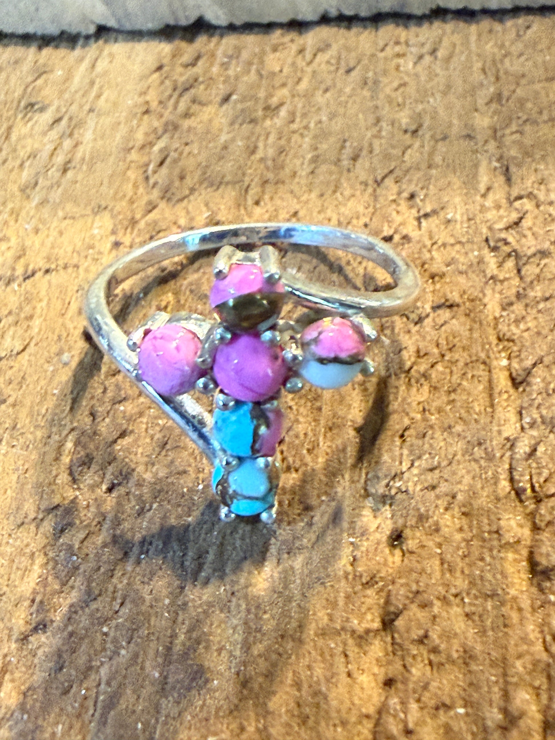 Cotton Candy Dahlia Gemstone Cross Ring Sterling Silver Size Seven Point Five Wild West Boho