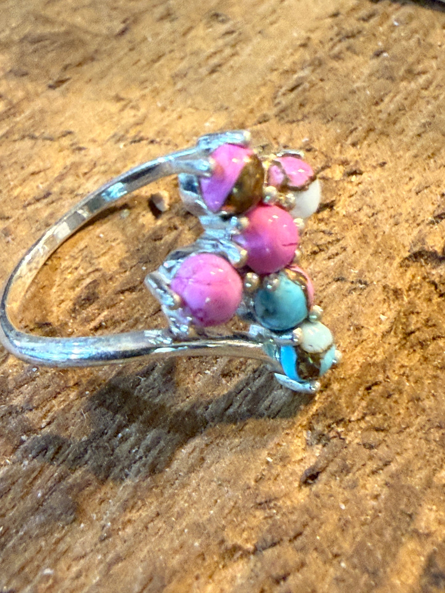 Cotton Candy Dahlia Gemstone Cross Ring Sterling Silver Size Seven Point Five Wild West Boho