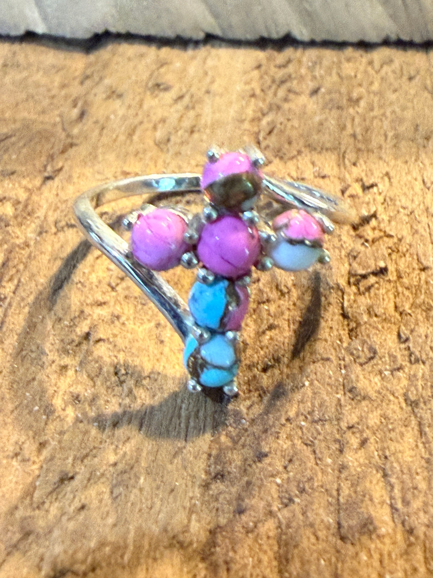Cotton Candy Dahlia Gemstone Cross Ring Sterling Silver Size Seven Point Five Wild West Boho