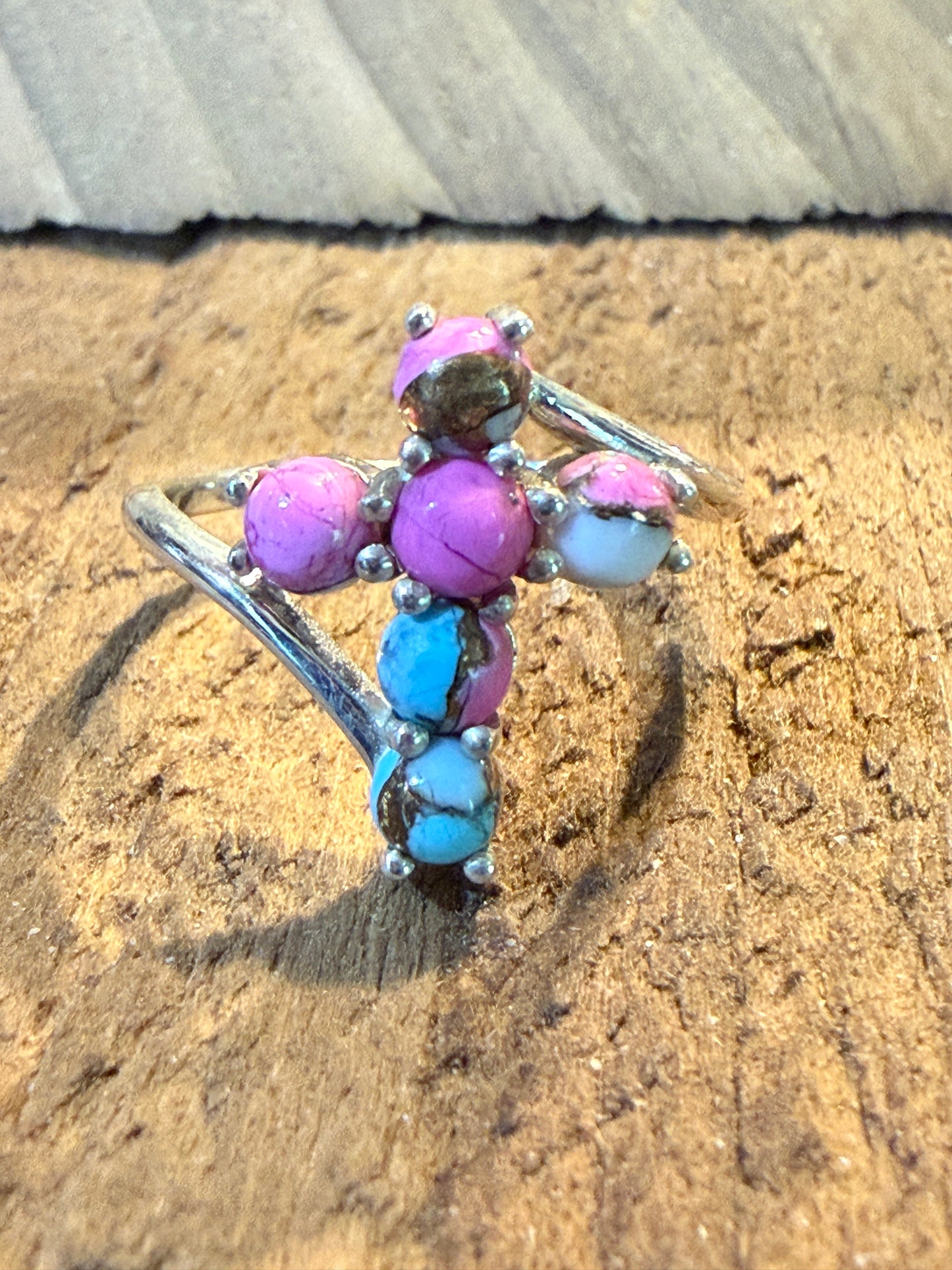 Cotton Candy Dahlia Gemstone Cross Ring Sterling Silver Size Seven Point Five Wild West Boho