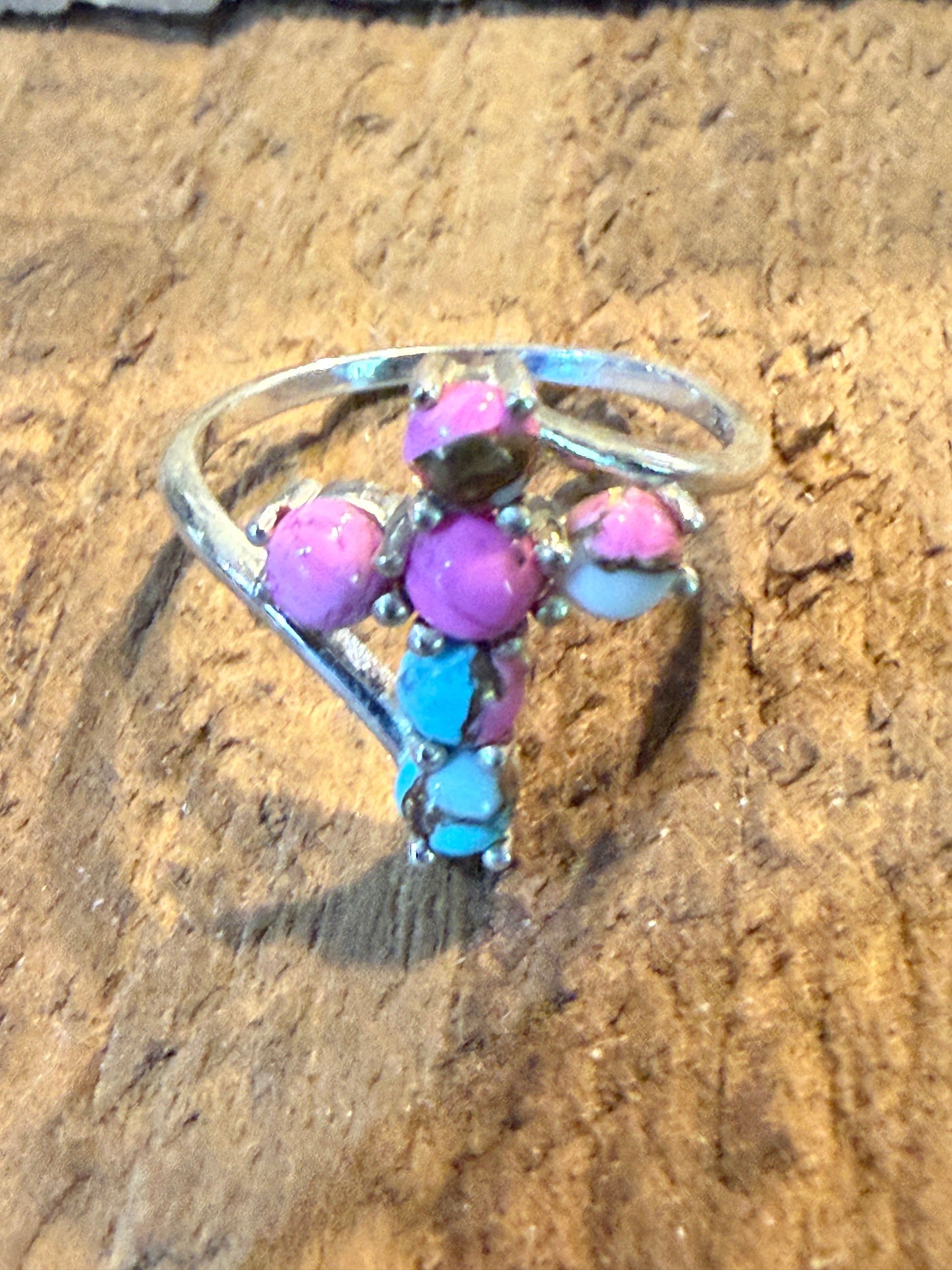 Cotton Candy Dahlia Gemstone Cross Ring Sterling Silver Size Seven Point Five Wild West Boho