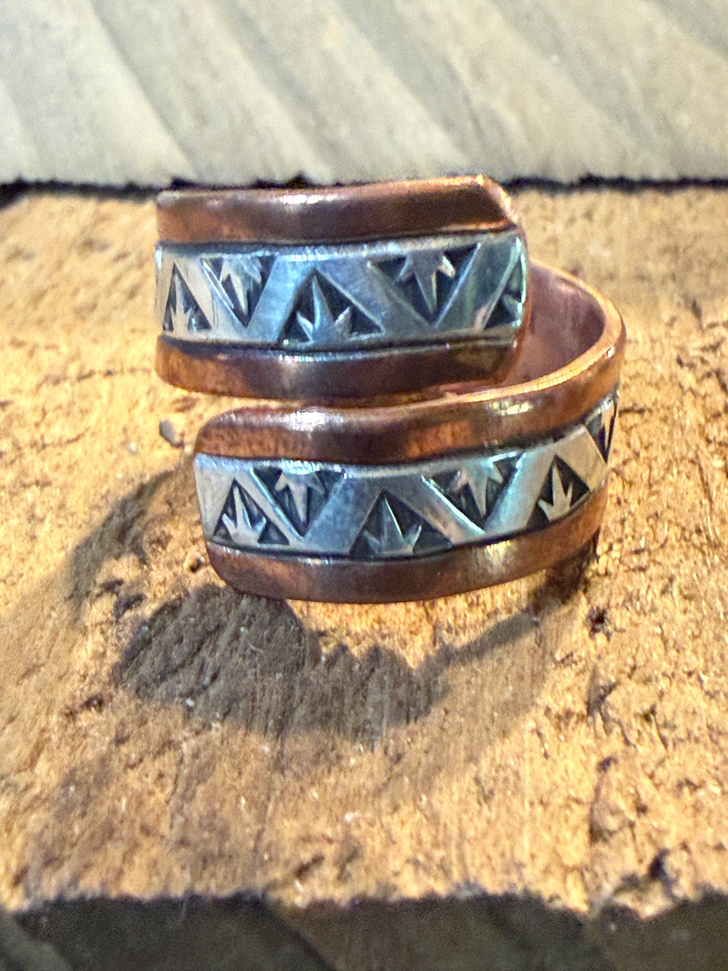 Native Inspired Adjustable Ring Signed JG Sterling Silver and Copper Wild West Boho