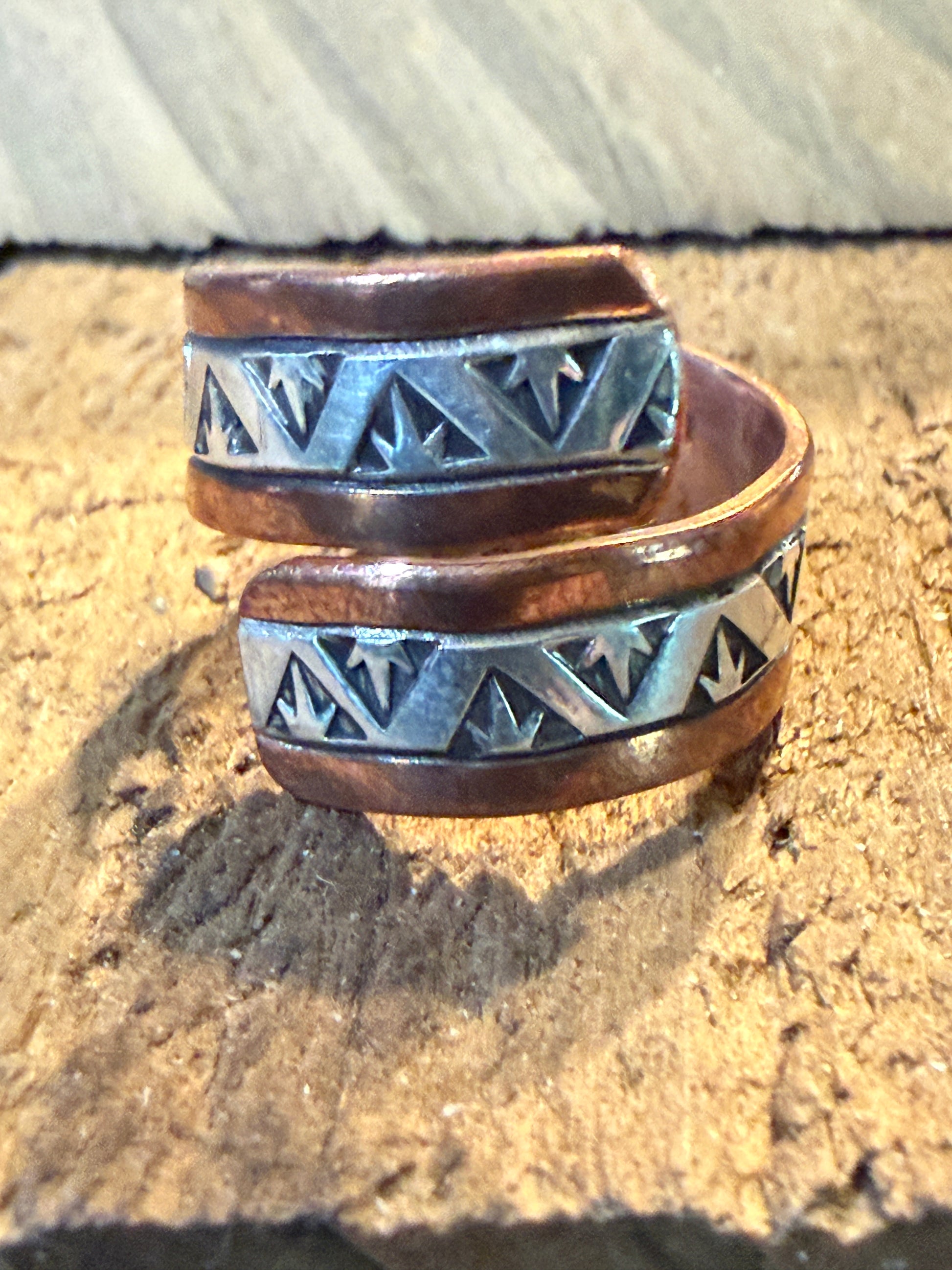 Native Inspired Adjustable Ring Signed JG Sterling Silver and Copper Wild West Boho