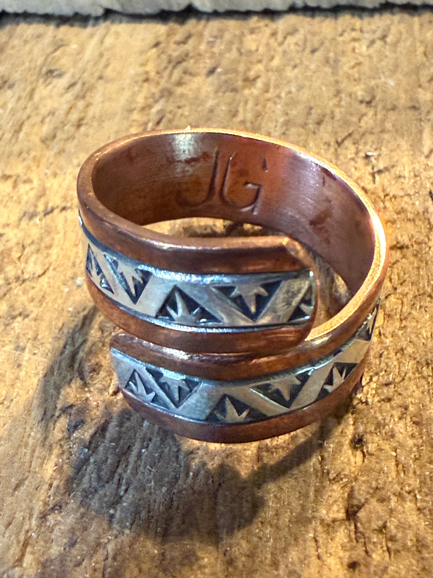 Native Inspired Adjustable Ring Signed JG Sterling Silver and Copper Wild West Boho