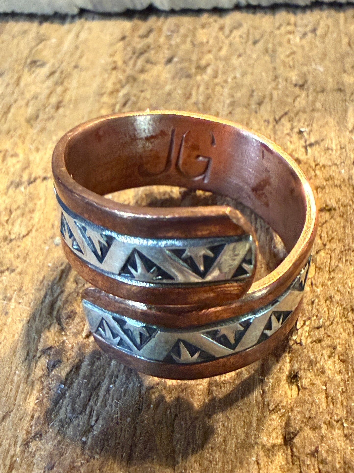 Native Inspired Adjustable Ring Signed JG Sterling Silver and Copper Wild West Boho