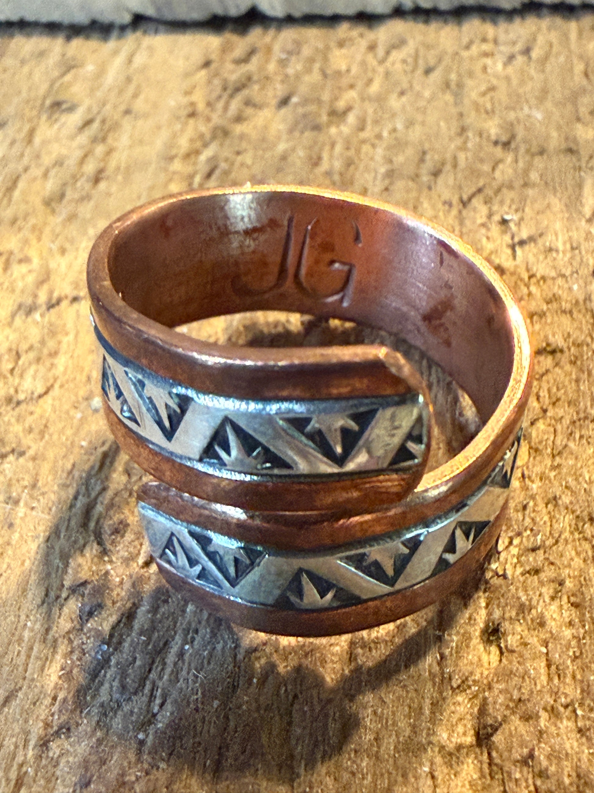 Native Inspired Adjustable Ring Signed JG Sterling Silver and Copper Wild West Boho