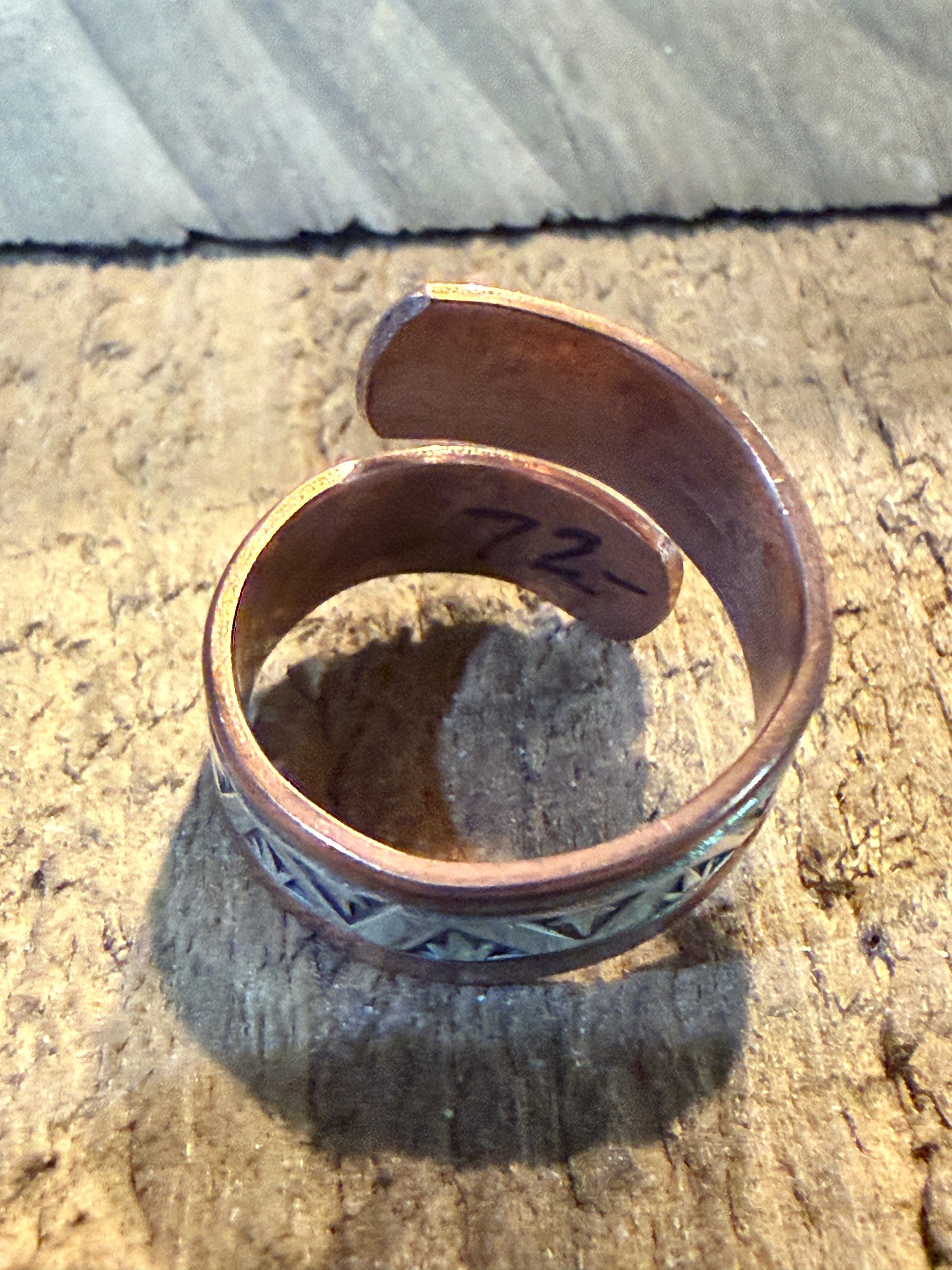Native Inspired Adjustable Ring Signed JG Sterling Silver and Copper Wild West Boho
