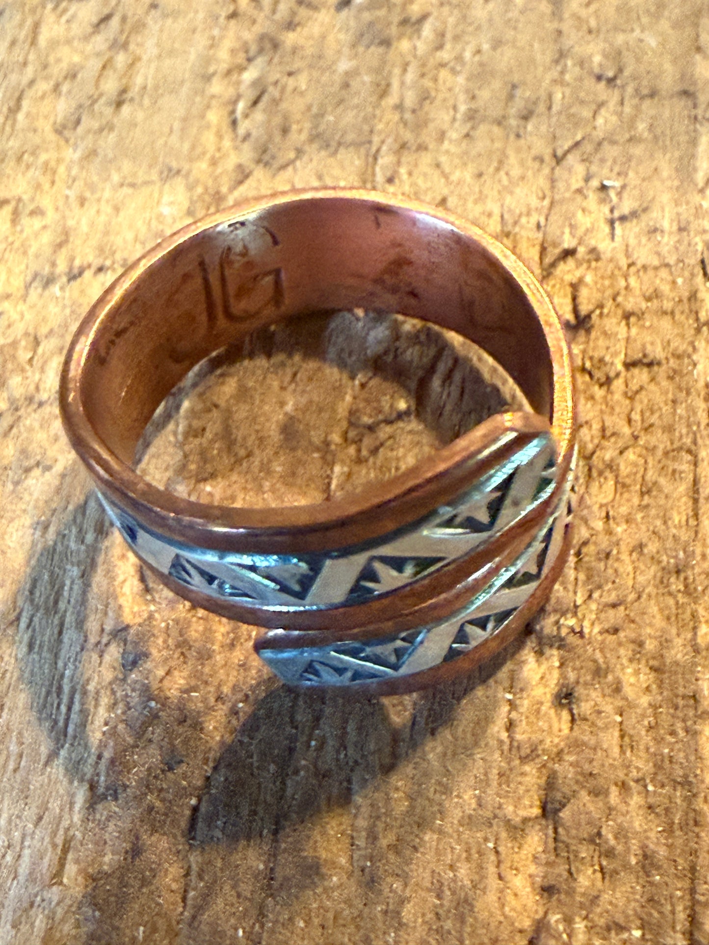 Native Inspired Adjustable Ring Signed JG Sterling Silver and Copper Wild West Boho