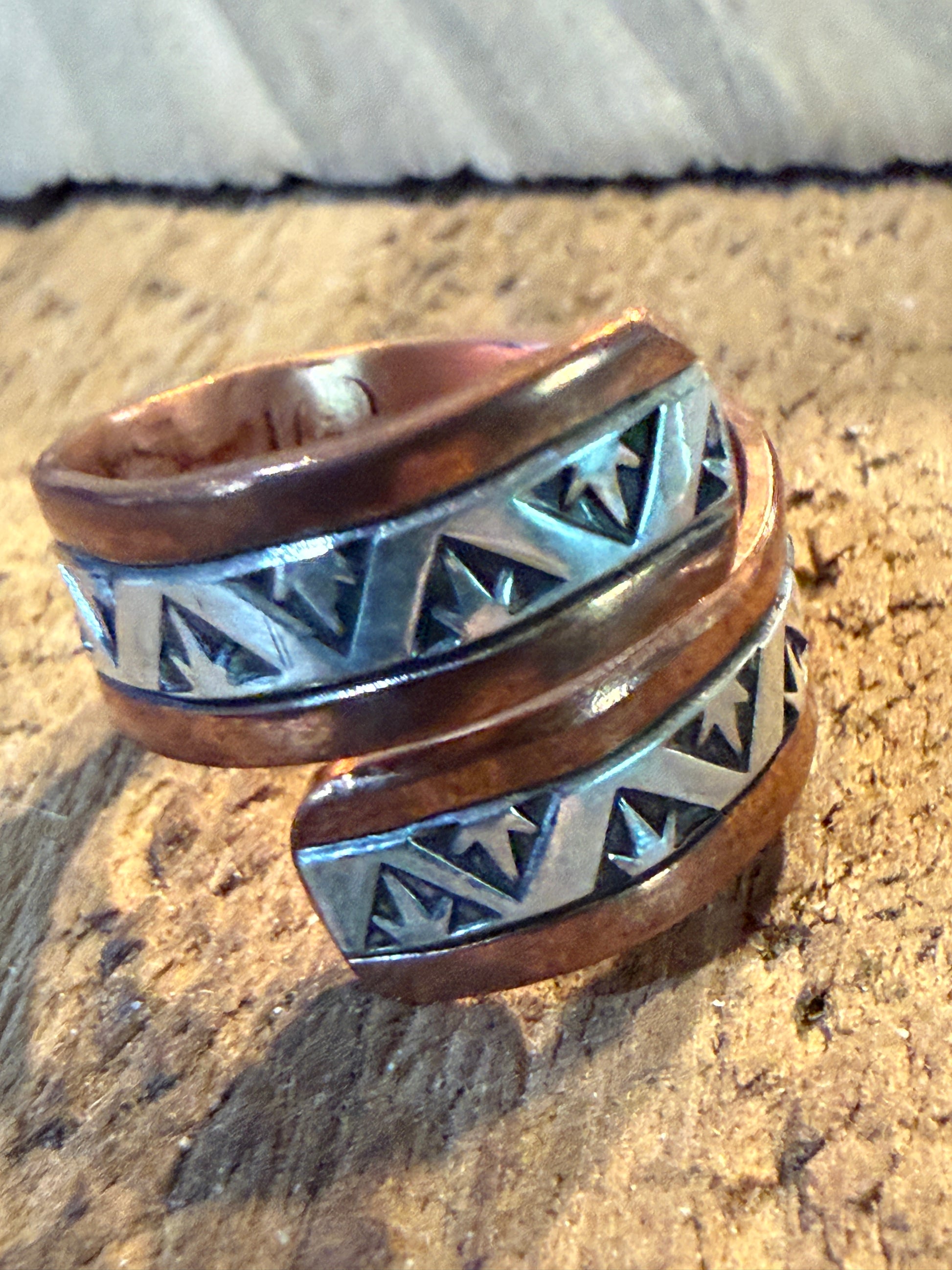 Native Inspired Adjustable Ring Signed JG Sterling Silver and Copper Wild West Boho