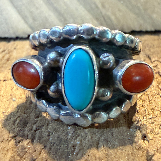 Native Style Kingman Turquoise and Coral Sterling Silver Ring Size 6 Wild West Boho
