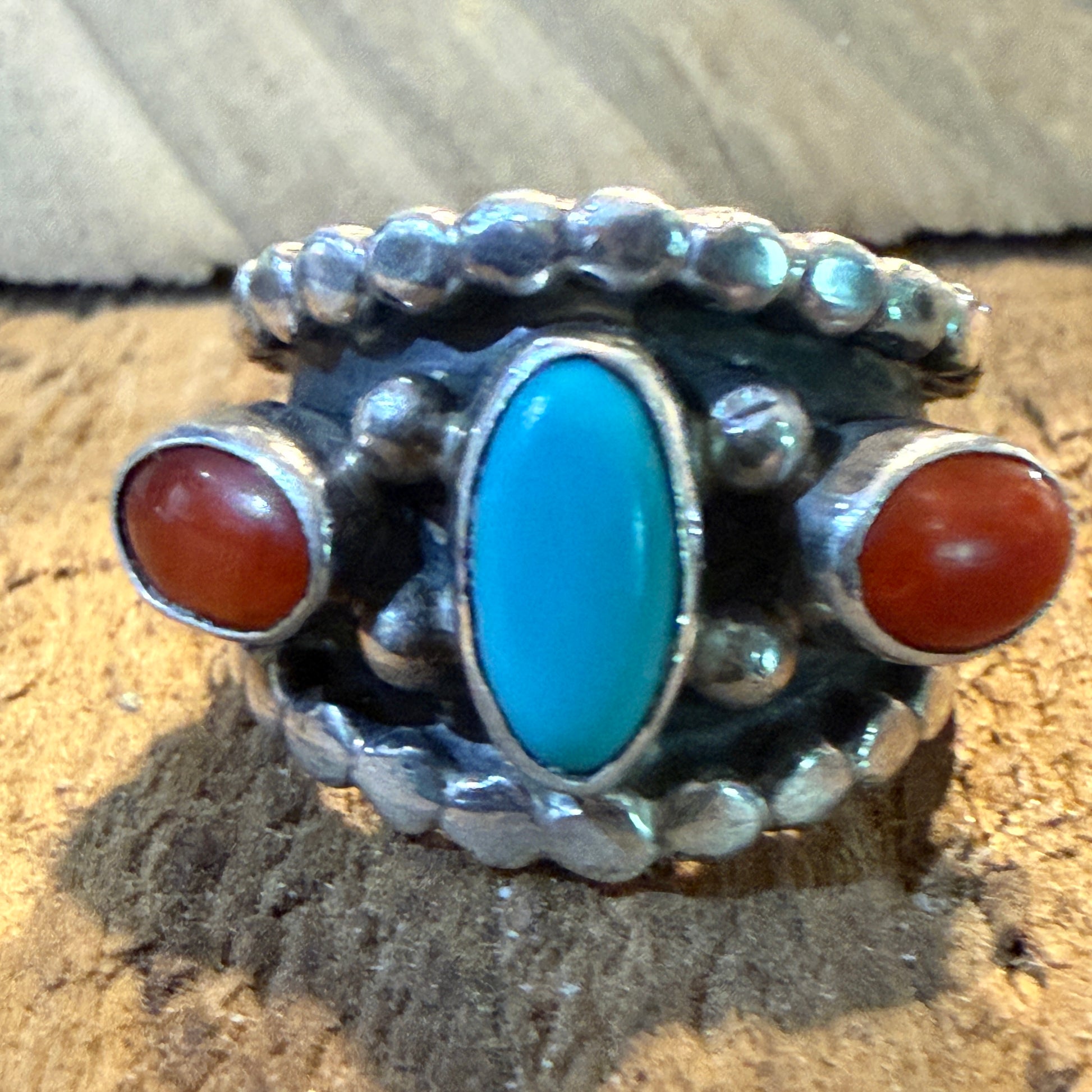 Native Style Kingman Turquoise and Coral Sterling Silver Ring Size 6 Wild West Boho