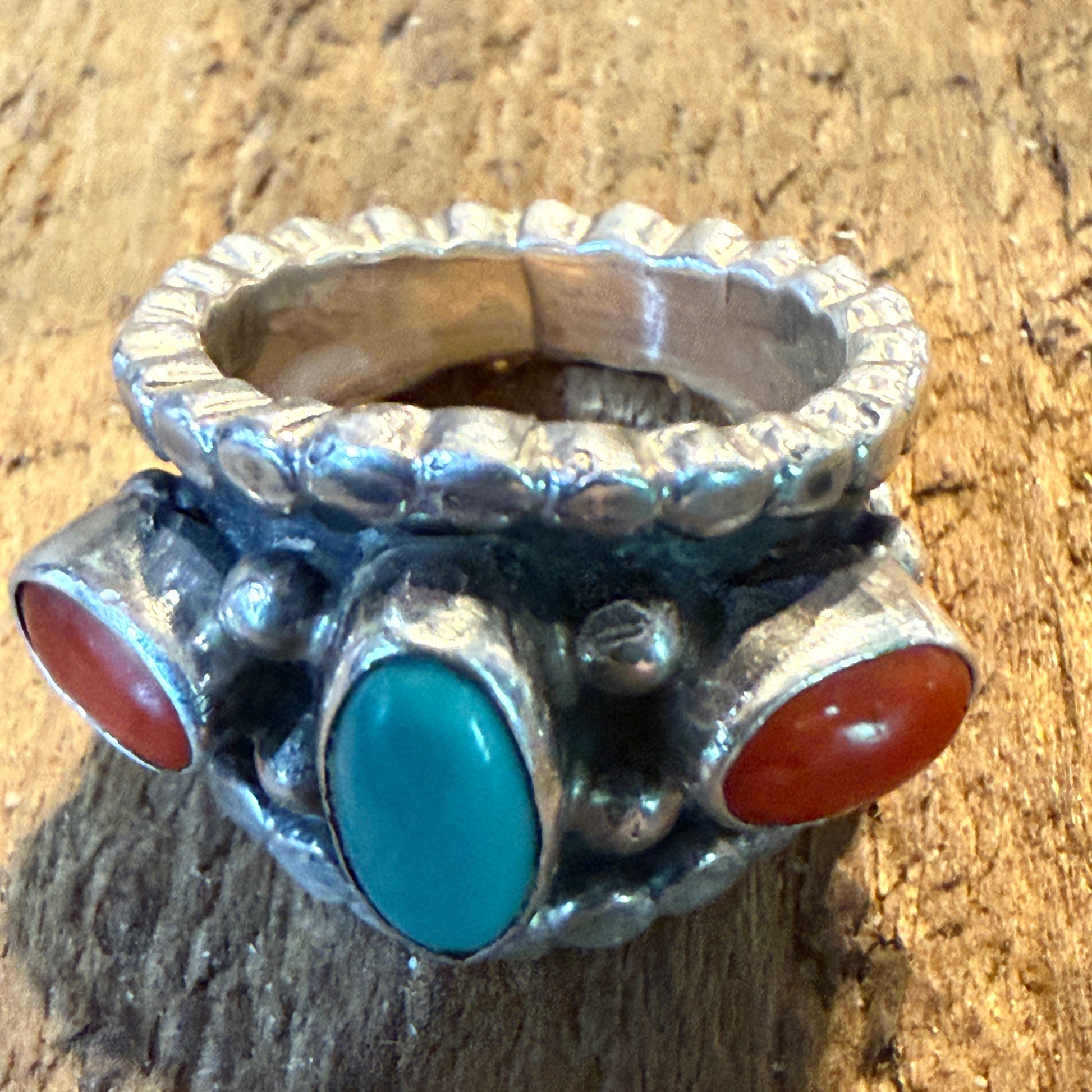 Native Style Kingman Turquoise and Coral Sterling Silver Ring Size 6 Wild West Boho