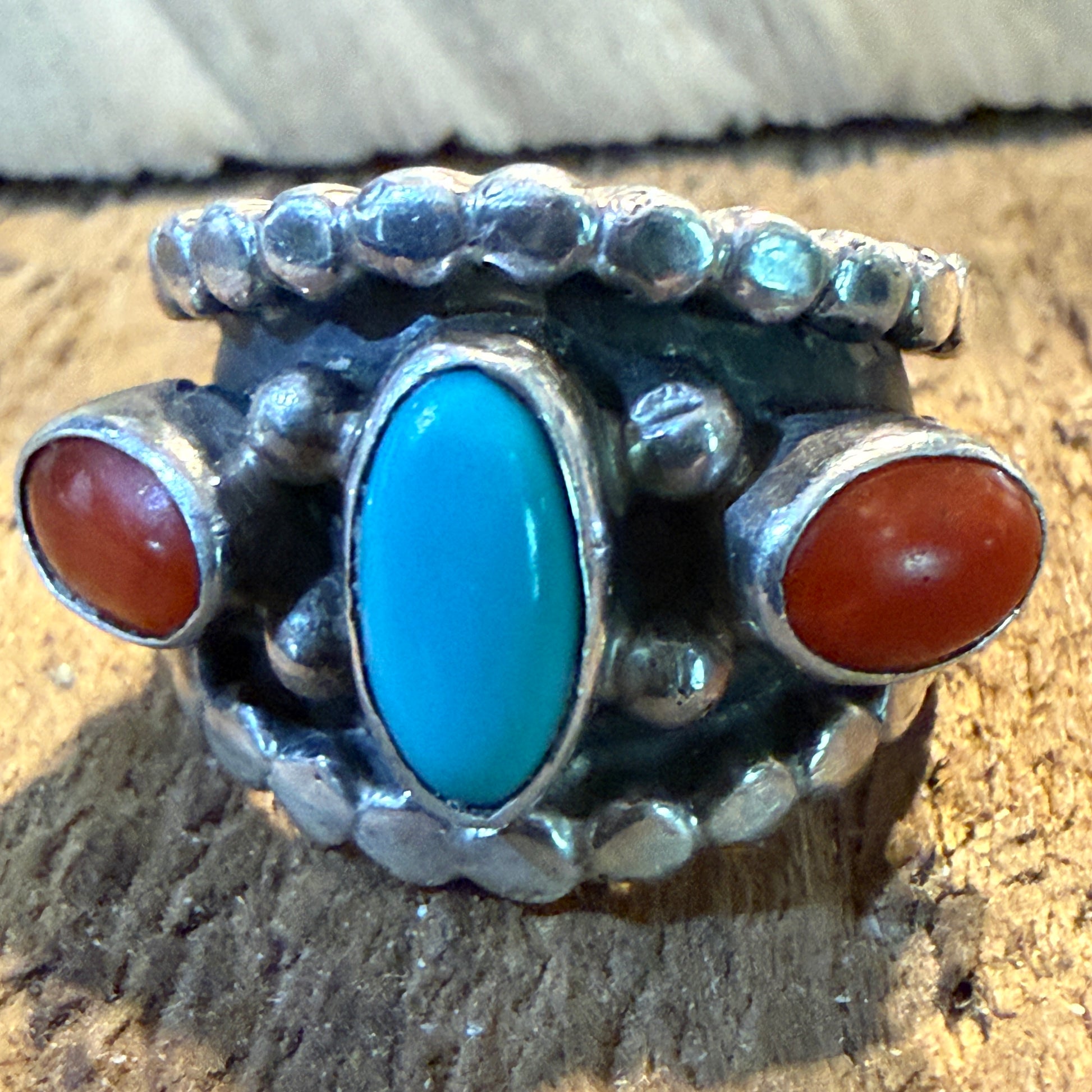 Native Style Kingman Turquoise and Coral Sterling Silver Ring Size 6 Wild West Boho