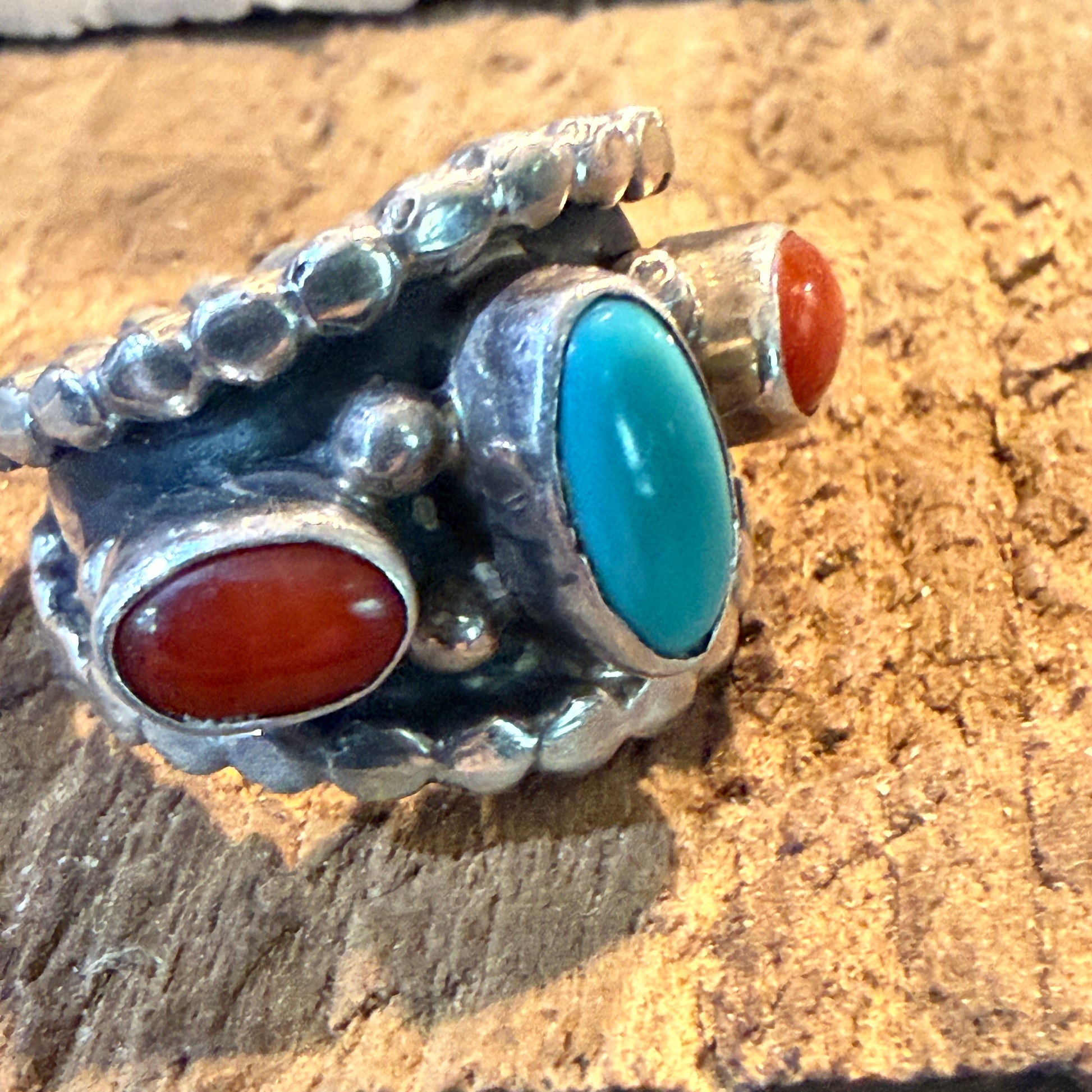 Native Style Kingman Turquoise and Coral Sterling Silver Ring Size 6 Wild West Boho