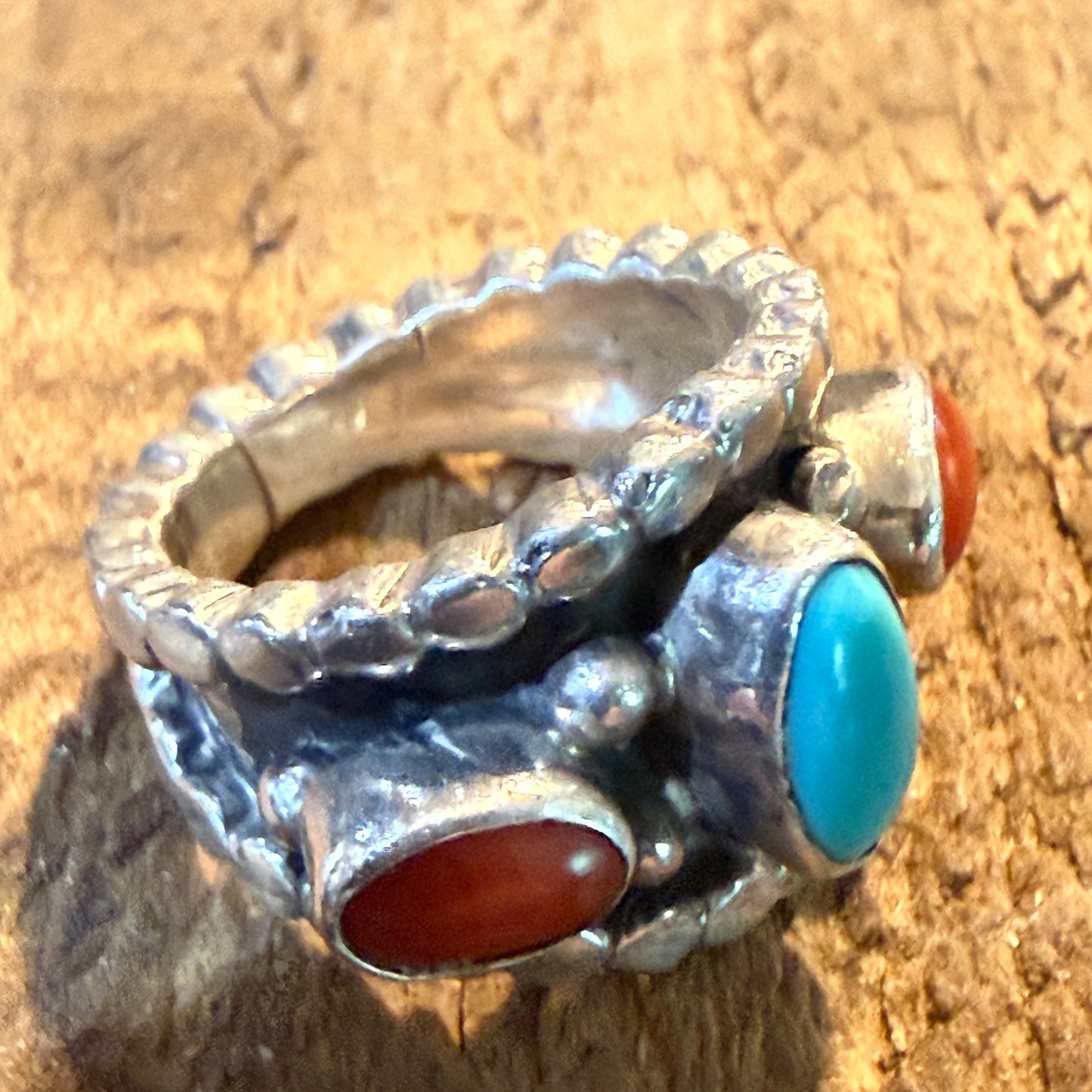 Native Style Kingman Turquoise and Coral Sterling Silver Ring Size 6 Wild West Boho