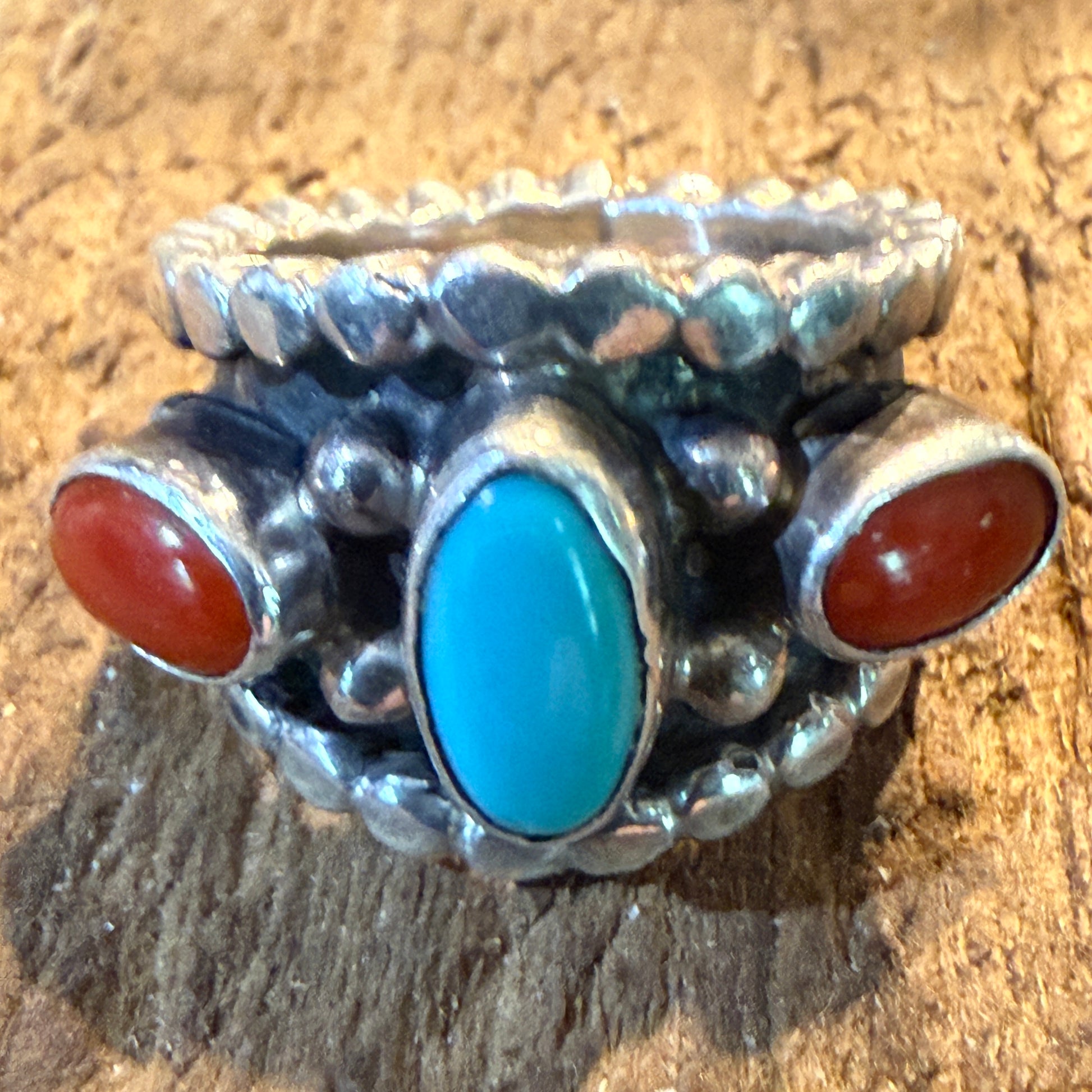 Native Style Kingman Turquoise and Coral Sterling Silver Ring Size 6 Wild West Boho